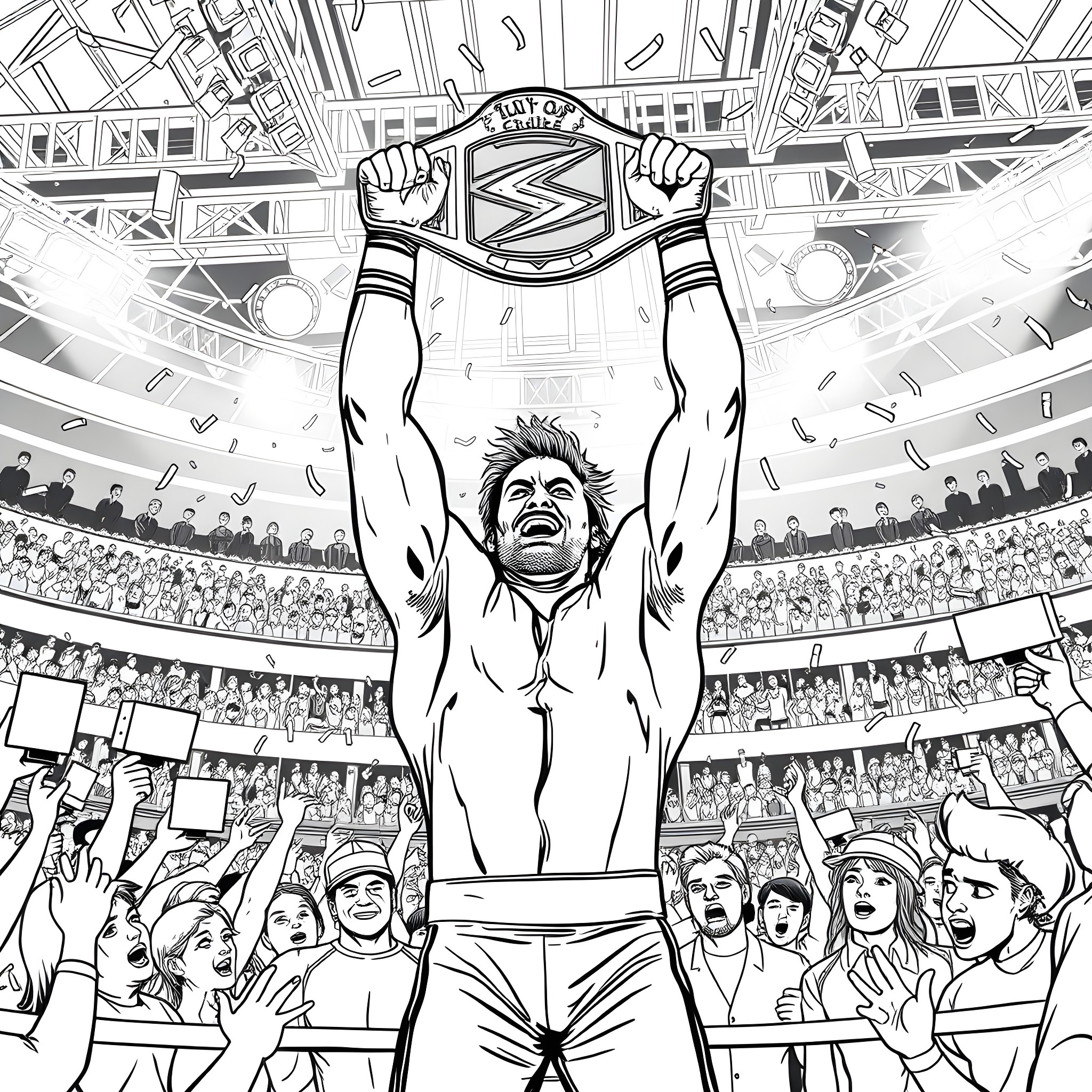 Wrestler celebrating victory in the ring Coloring Page (free black-and-white line drawing printable PDF for all, from beginners to advanced learners, including children, teens, adults, and seniors)