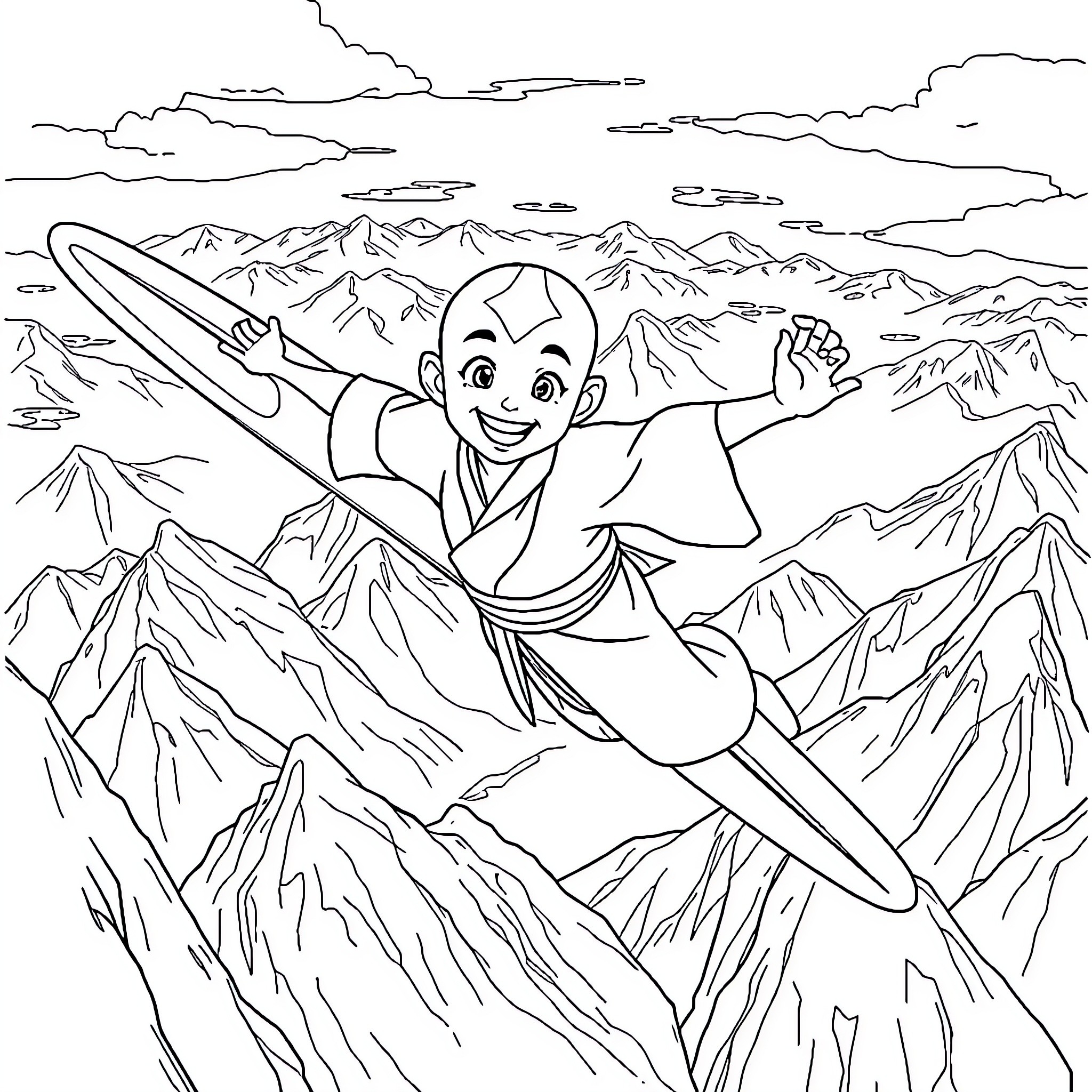 Aang Soaring through the Mountains Coloring Page (free black-and-white line drawing printable PDF for all, from beginners to advanced learners, including children, teens, adults, and seniors)
