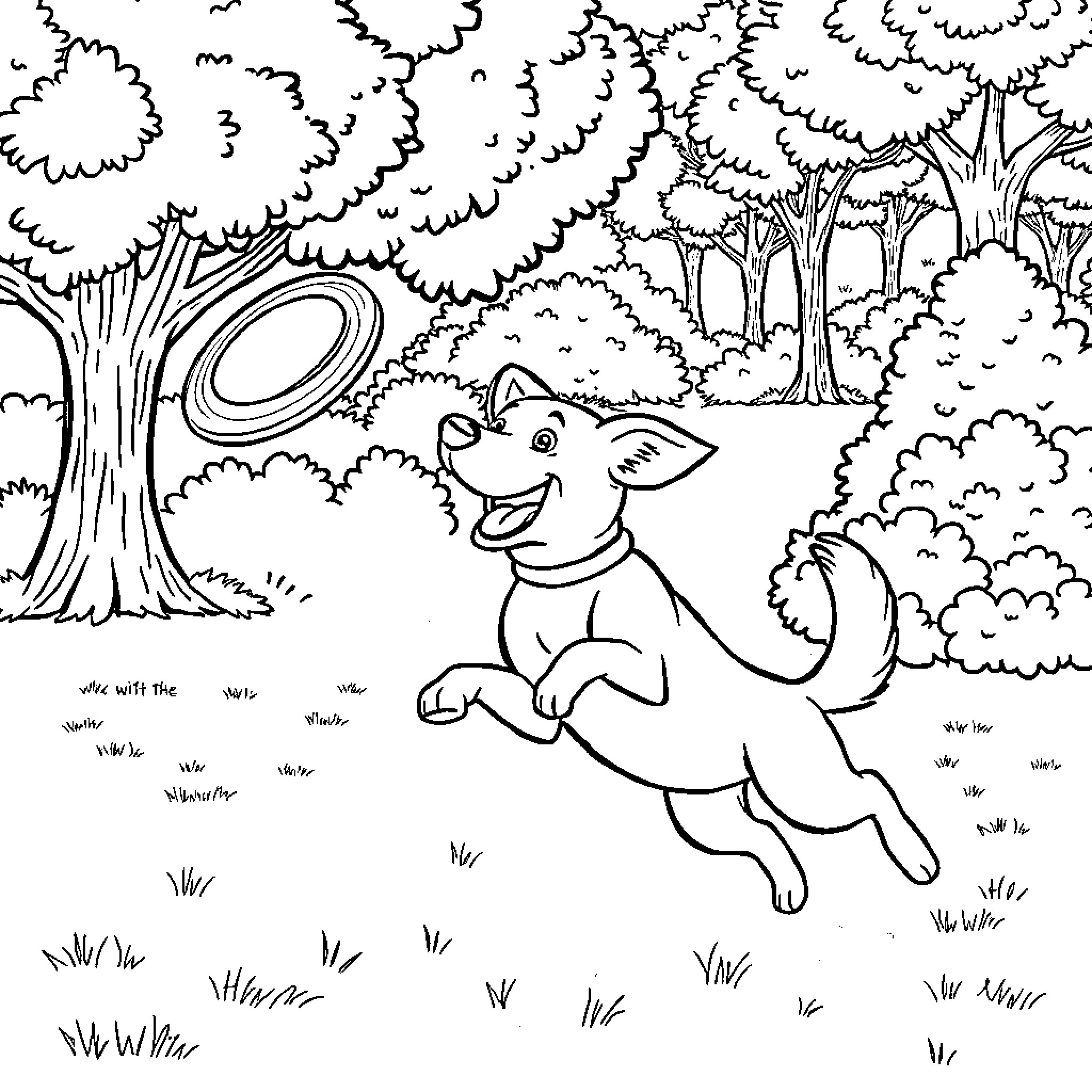 Dog running playfully in the forest Coloring Page (free black-and-white line drawing printable PDF for all, from beginners to advanced learners, including children, teens, adults, and seniors)