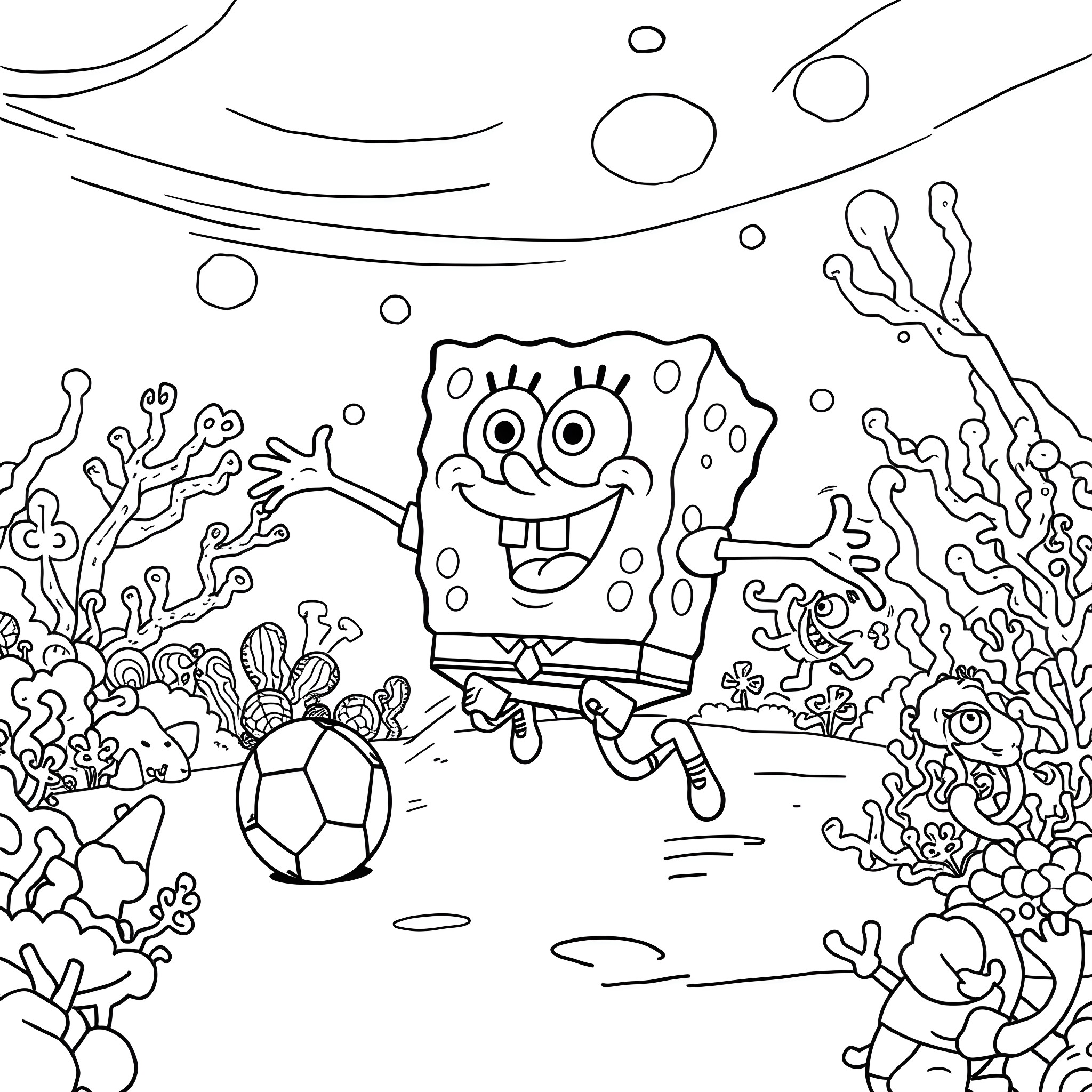 Spongebob playing happily with a soccer ball underwater Coloring Page (free black-and-white line drawing printable PDF for all, from beginners to advanced learners, including children, teens, adults, and seniors)