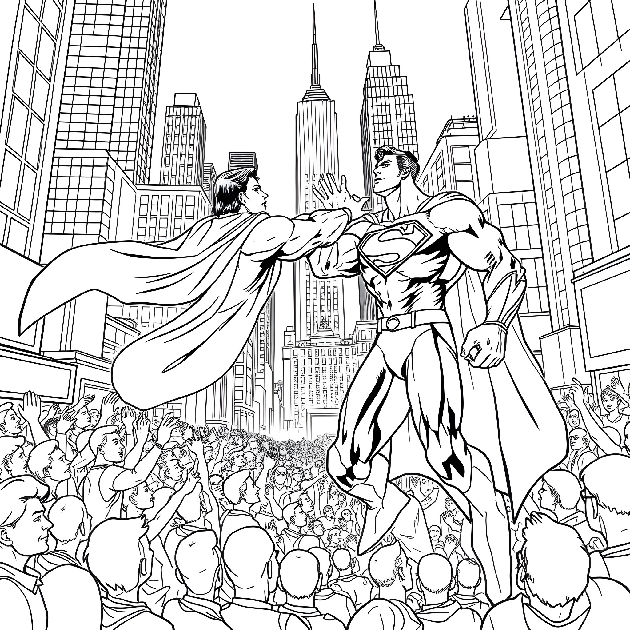 Superman saving the city from danger Coloring Page (free black-and-white line drawing printable PDF for all, from beginners to advanced learners, including children, teens, adults, and seniors)
