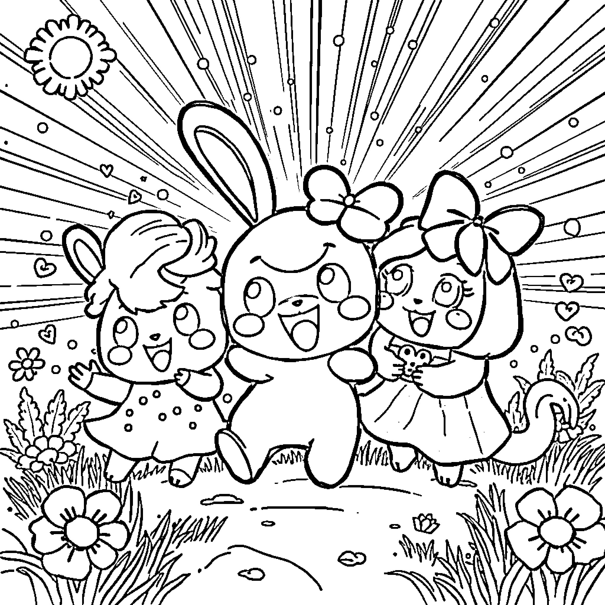 Cinnamoroll and friends enjoying a sunny day outdoors Coloring Page (free black-and-white line drawing printable PDF for all, from beginners to advanced learners, including children, teens, adults, and seniors)