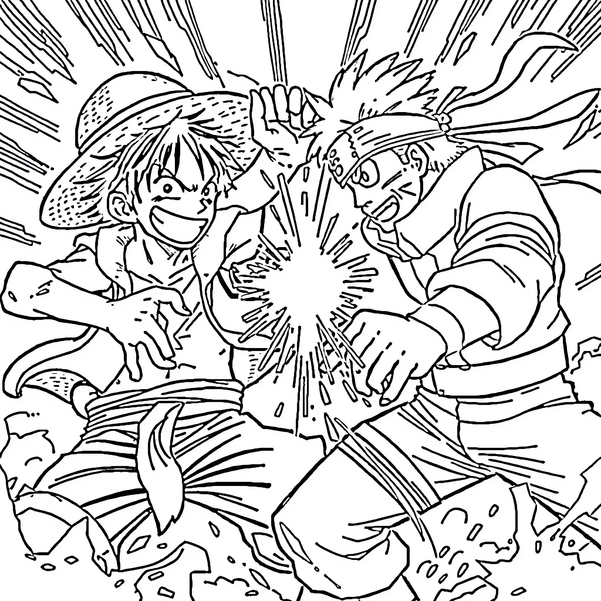 Luffy's Explosive Battle Action Coloring Page (free black-and-white line drawing printable PDF for all, from beginners to advanced learners, including children, teens, adults, and seniors)