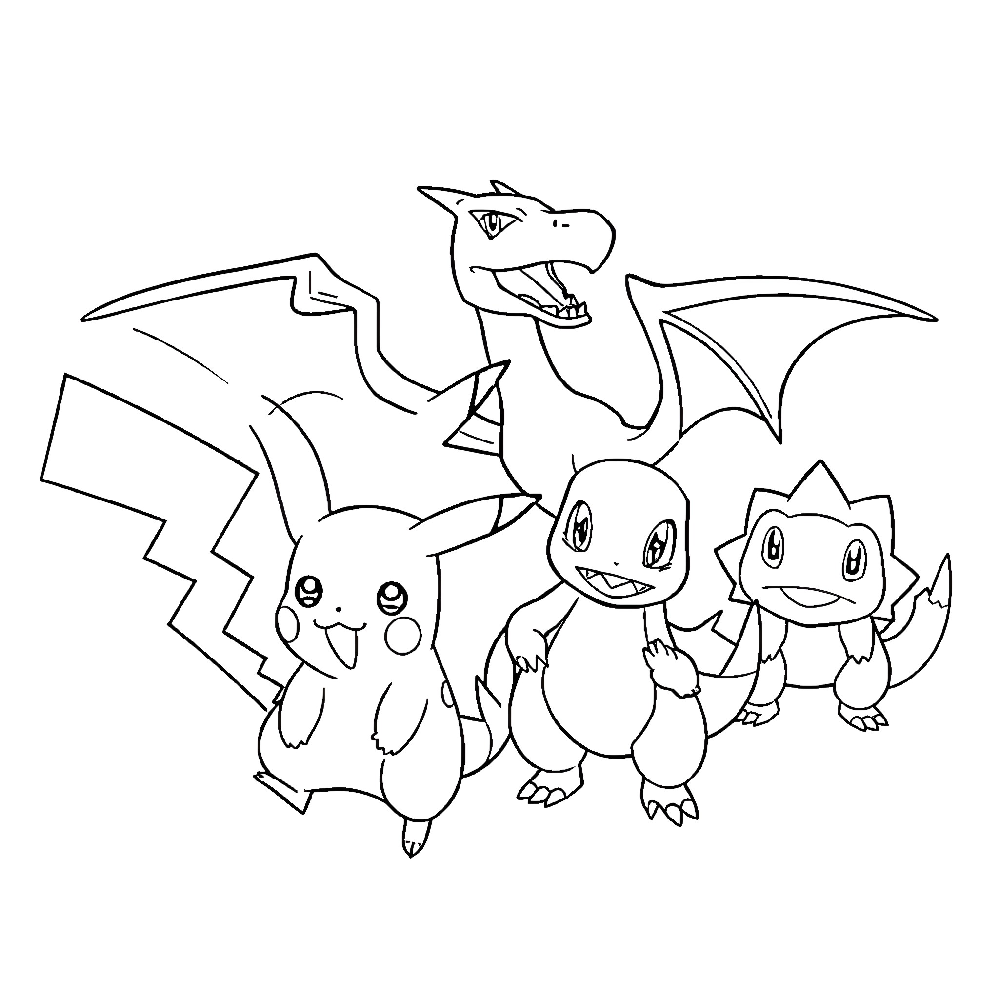 Pokémon Trio's Whimsical Adventure Coloring Page (free black-and-white line drawing printable PDF for all, from beginners to advanced learners, including children, teens, adults, and seniors)