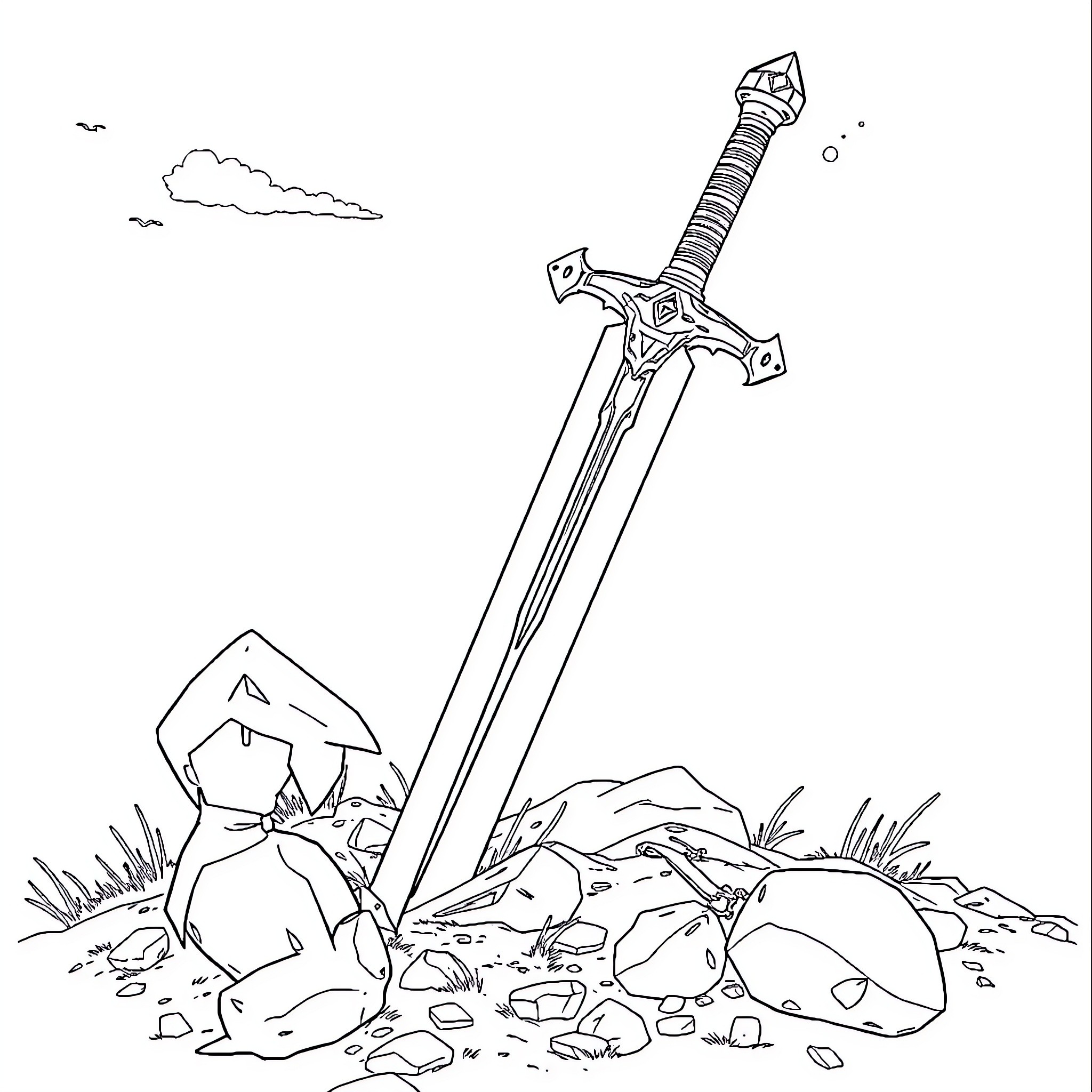 Sword thrust into the rocky ground Coloring Page (free black-and-white line drawing printable PDF for all, from beginners to advanced learners, including children, teens, adults, and seniors)