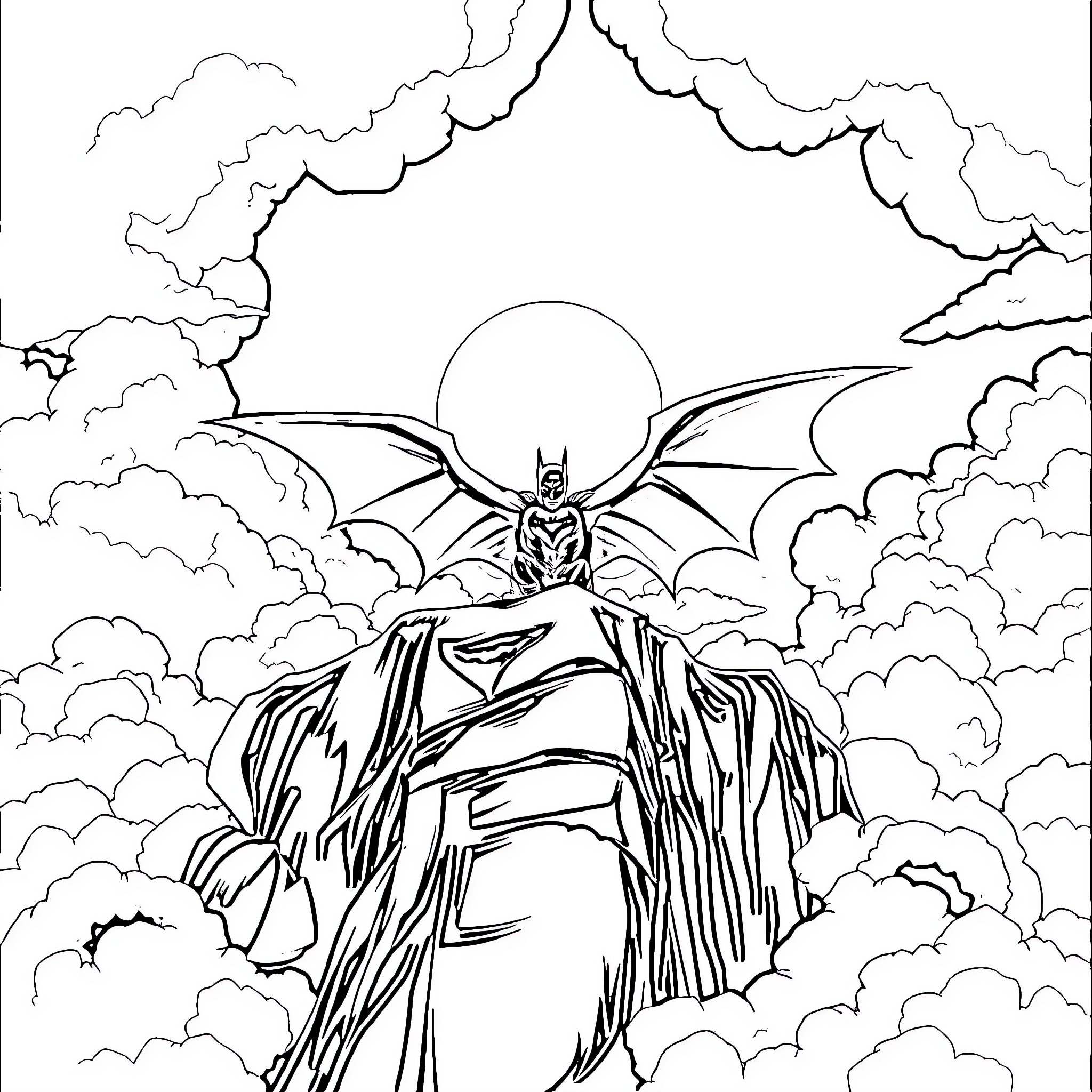 Bat Signal shining through dramatic clouds and sky Coloring Page (free black-and-white line drawing printable PDF for all, from beginners to advanced learners, including children, teens, adults, and seniors)