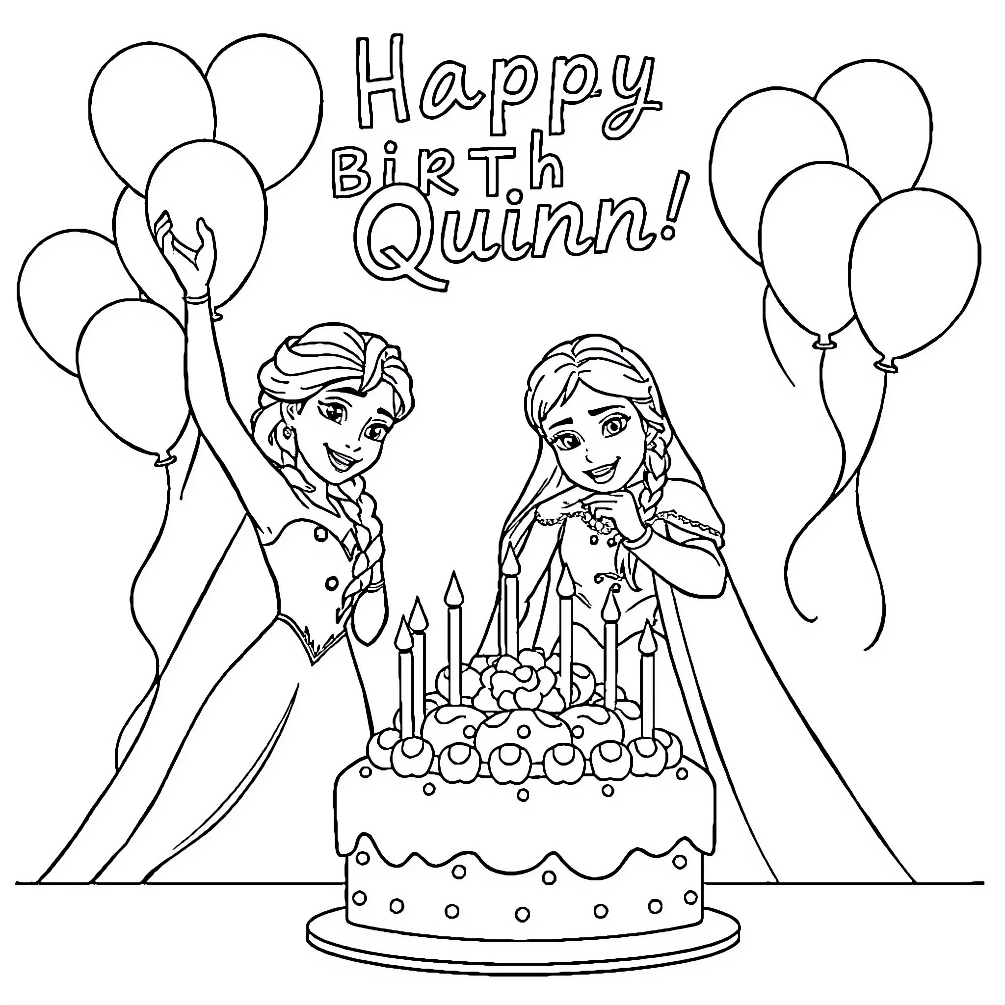 Elsa and Anna celebrating Quinn's birthday party Coloring Page (free black-and-white line drawing printable PDF for all, from beginners to advanced learners, including children, teens, adults, and seniors)