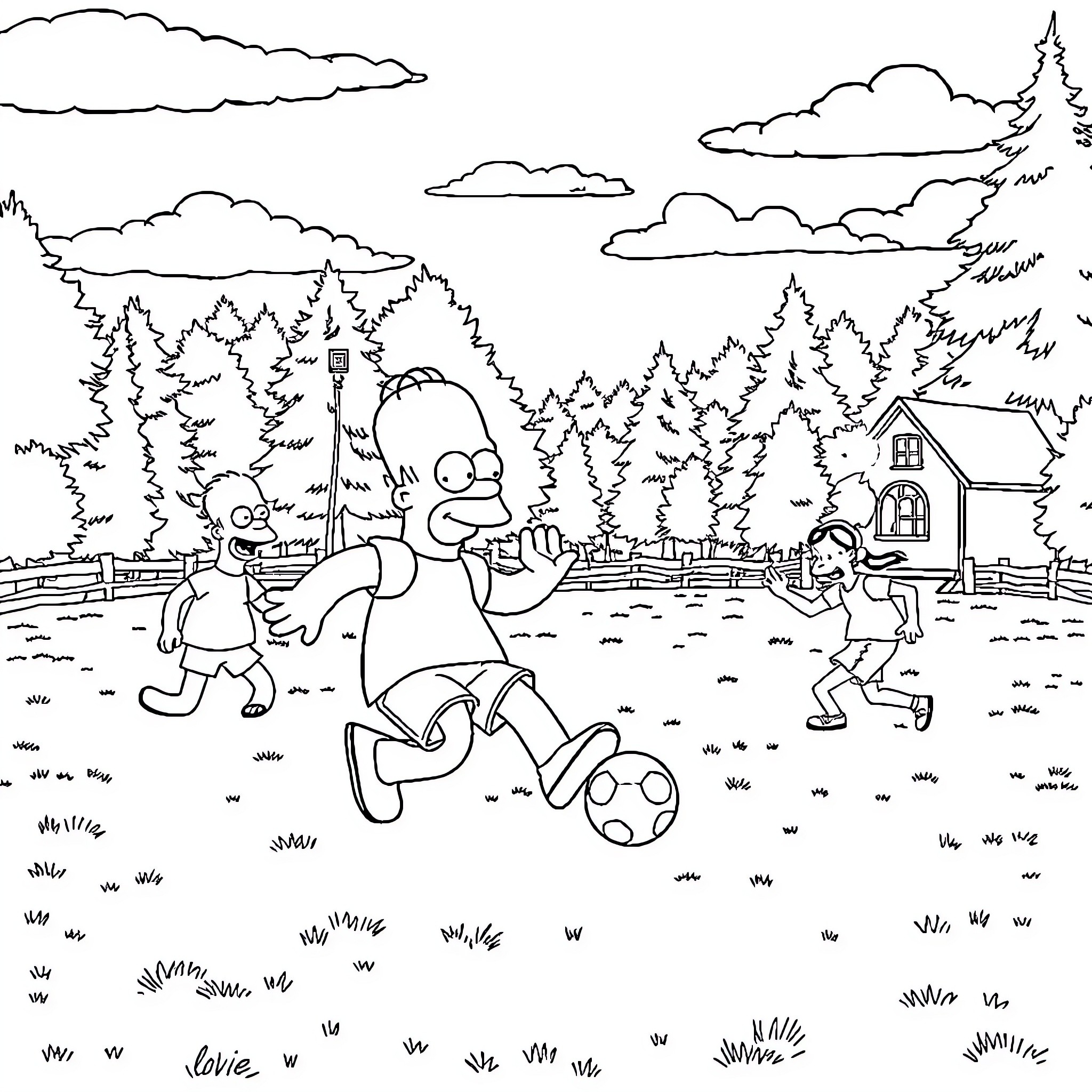 Homer playing soccer in the countryside Coloring Page (free black-and-white line drawing printable PDF for all, from beginners to advanced learners, including children, teens, adults, and seniors)