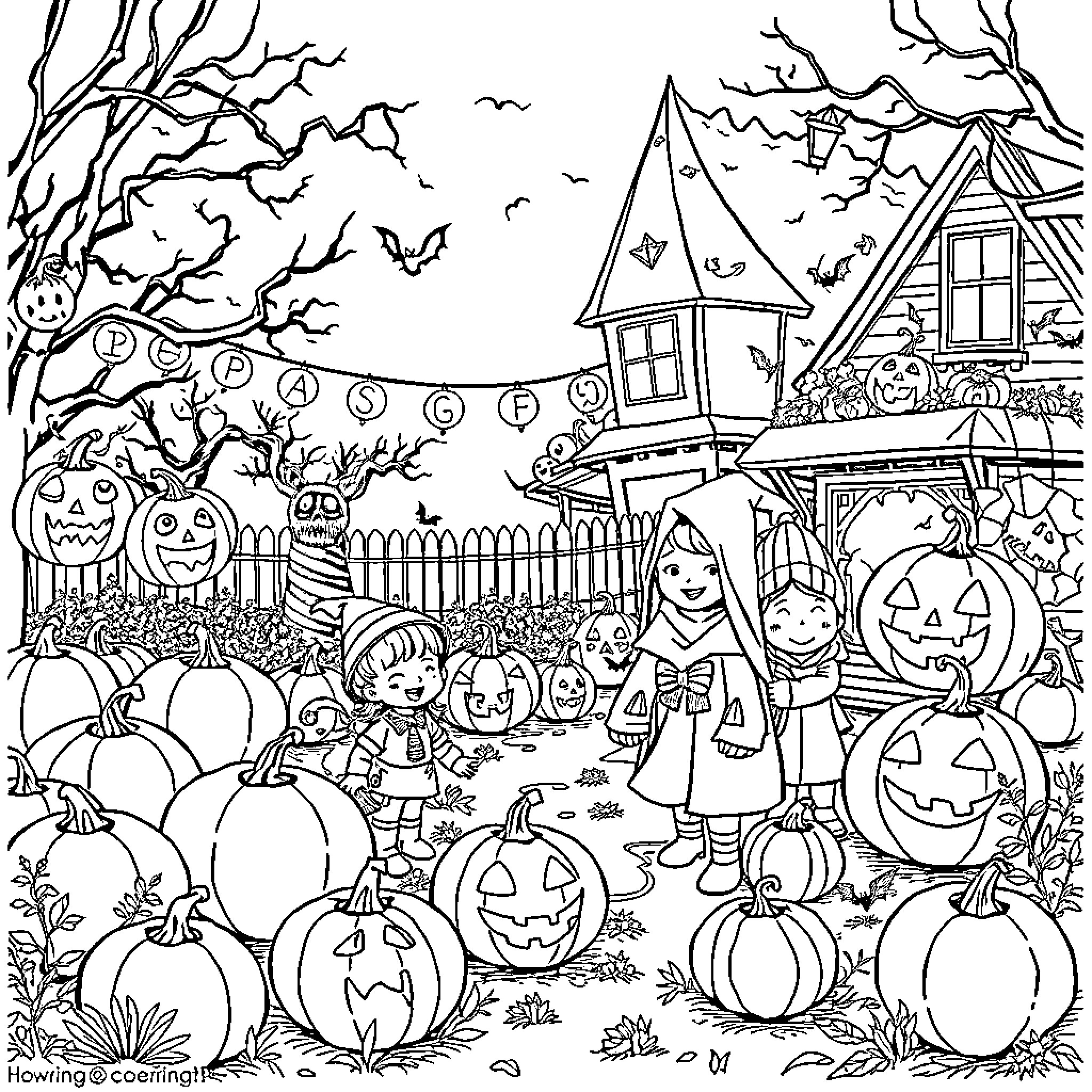Halloween Celebration with Festive Costumes and Decorations Coloring Page (free black-and-white line drawing printable PDF for all, from beginners to advanced learners, including children, teens, adults, and seniors)