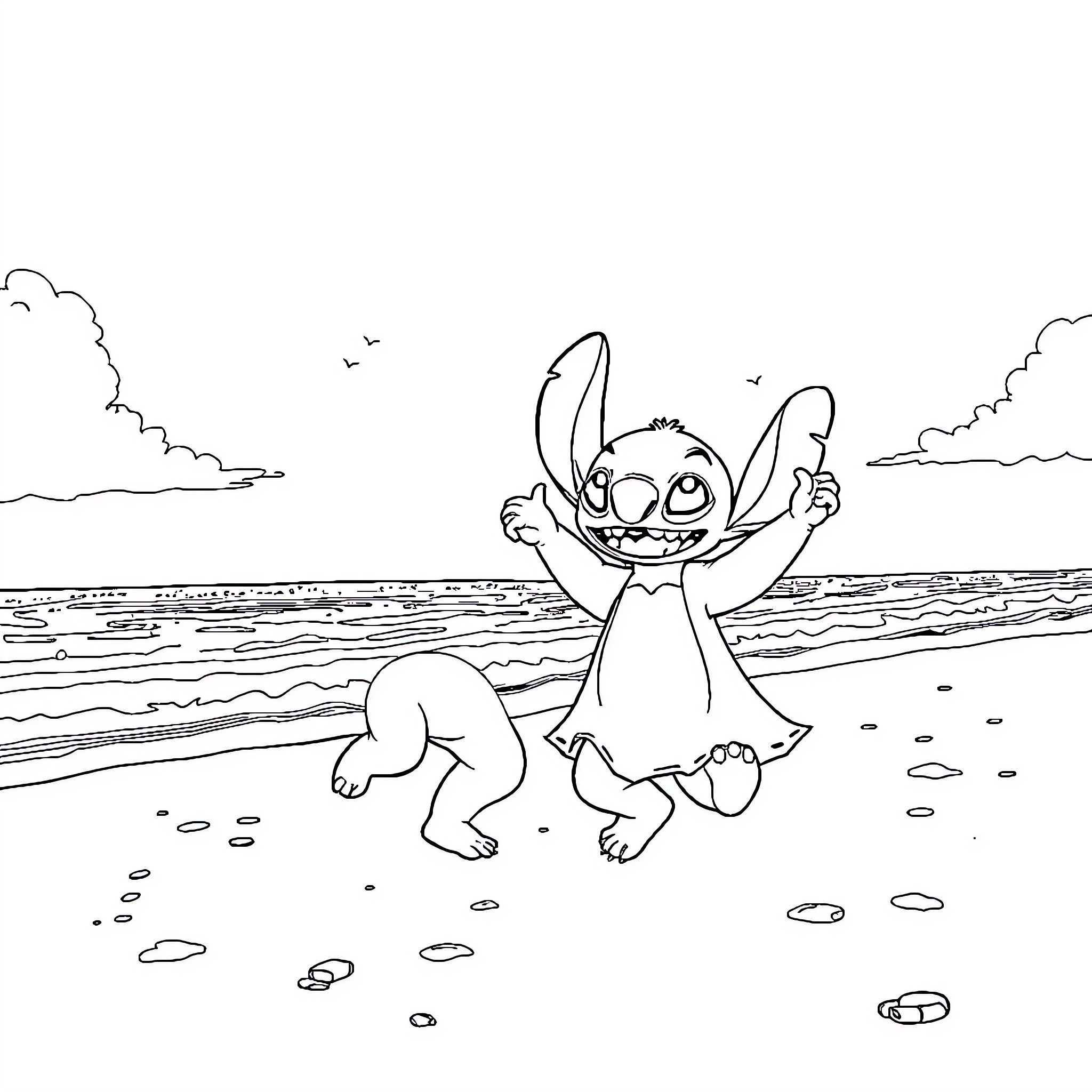 Lilo playing joyfully on the beach Coloring Page (free black-and-white line drawing printable PDF for all, from beginners to advanced learners, including children, teens, adults, and seniors)