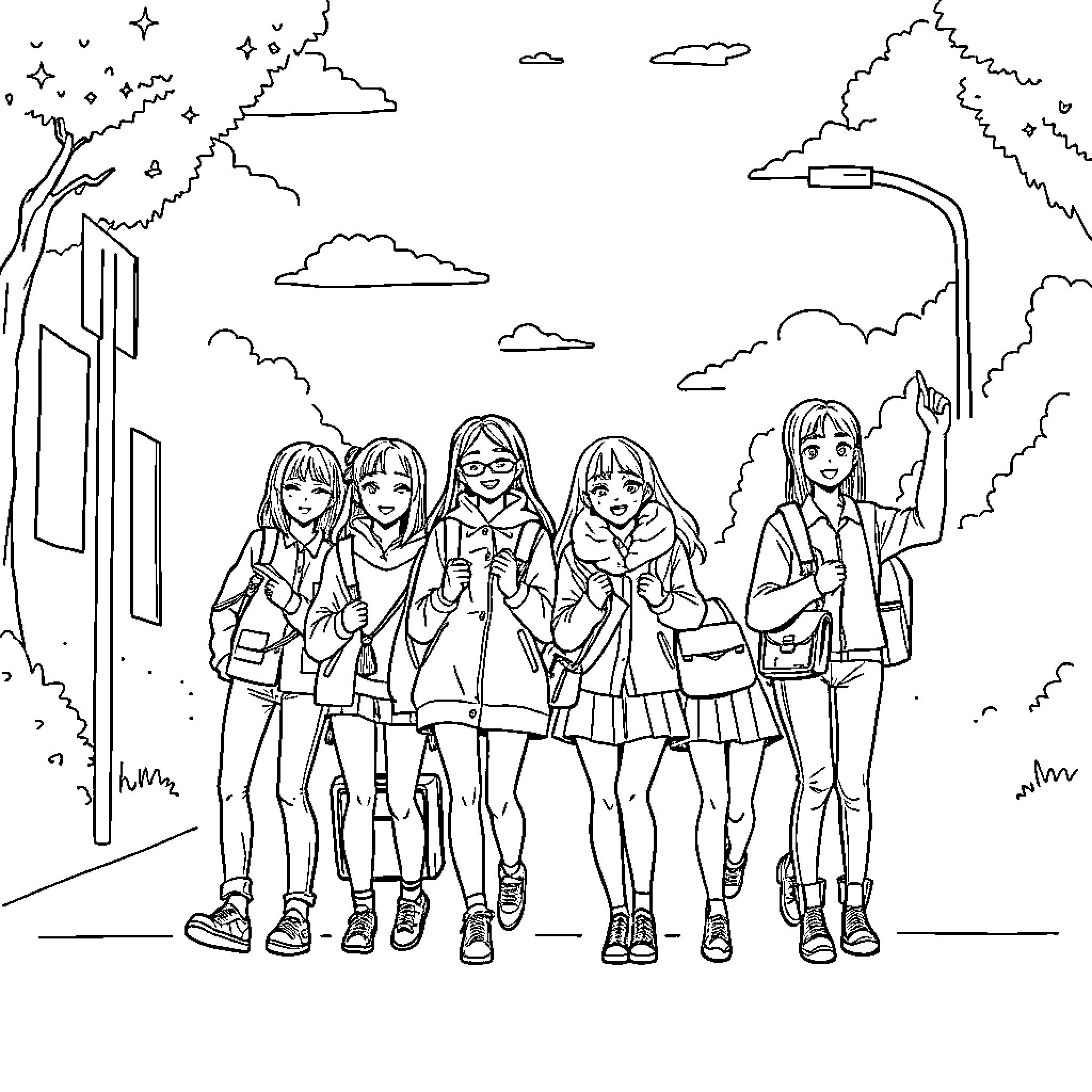 K Pop Girl Group Posing in Urban Cityscape Coloring Page (free black-and-white line drawing printable PDF for all, from beginners to advanced learners, including children, teens, adults, and seniors)
