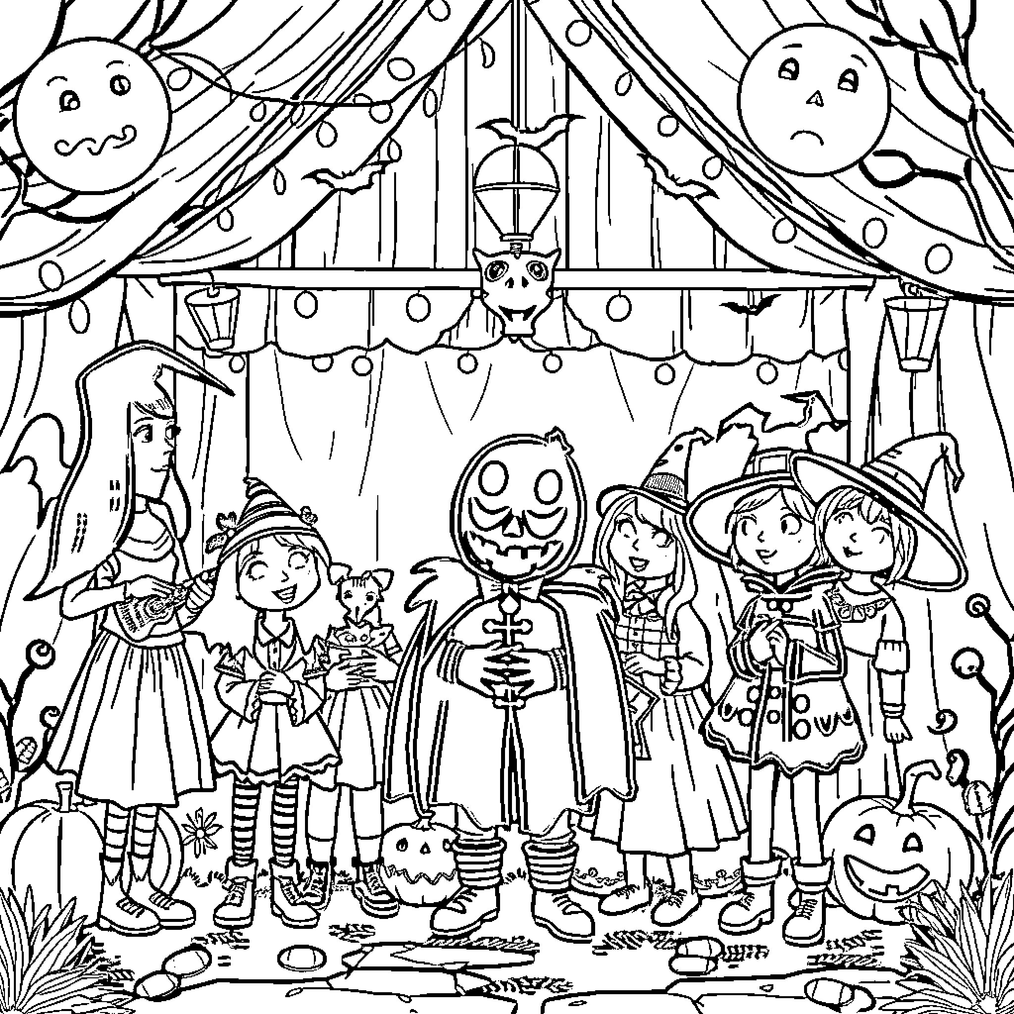 Halloween parade of colorful costumes and characters Coloring Page (free black-and-white line drawing printable PDF for all, from beginners to advanced learners, including children, teens, adults, and seniors)