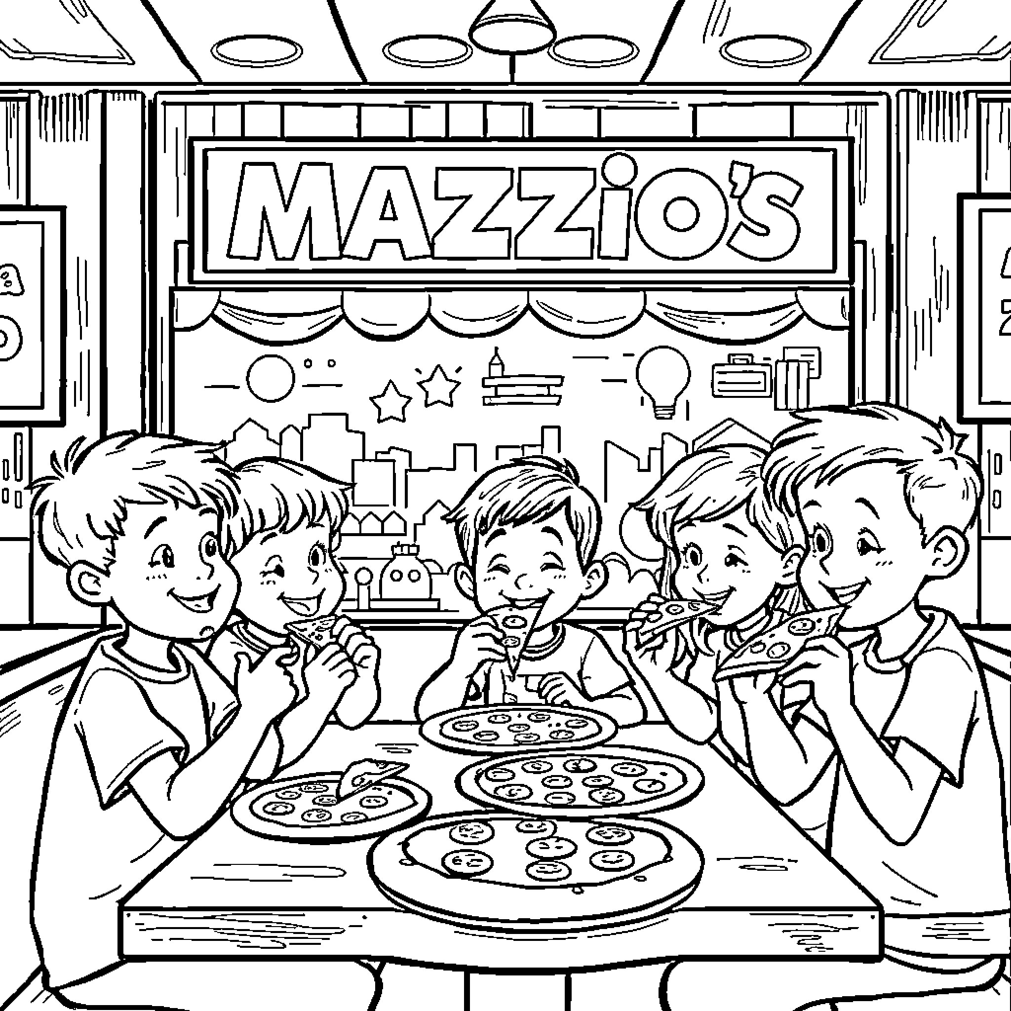 Kids enjoying pizza at Mazzio's restaurant Coloring Page (free black-and-white line drawing printable PDF for all, from beginners to advanced learners, including children, teens, adults, and seniors)