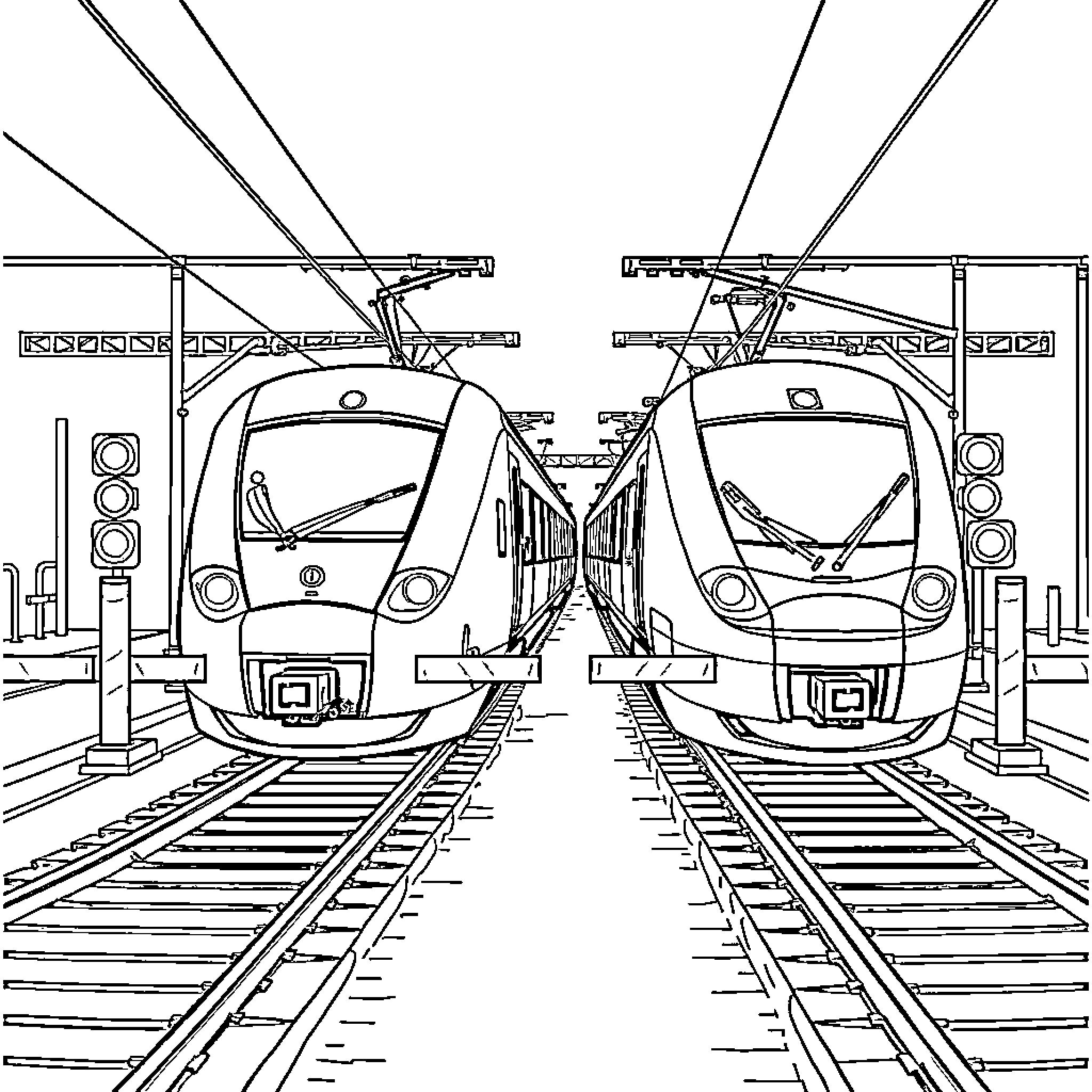 Train Tracks with Two High-Speed Trains Coloring Page (free black-and-white line drawing printable PDF for all, from beginners to advanced learners, including children, teens, adults, and seniors)