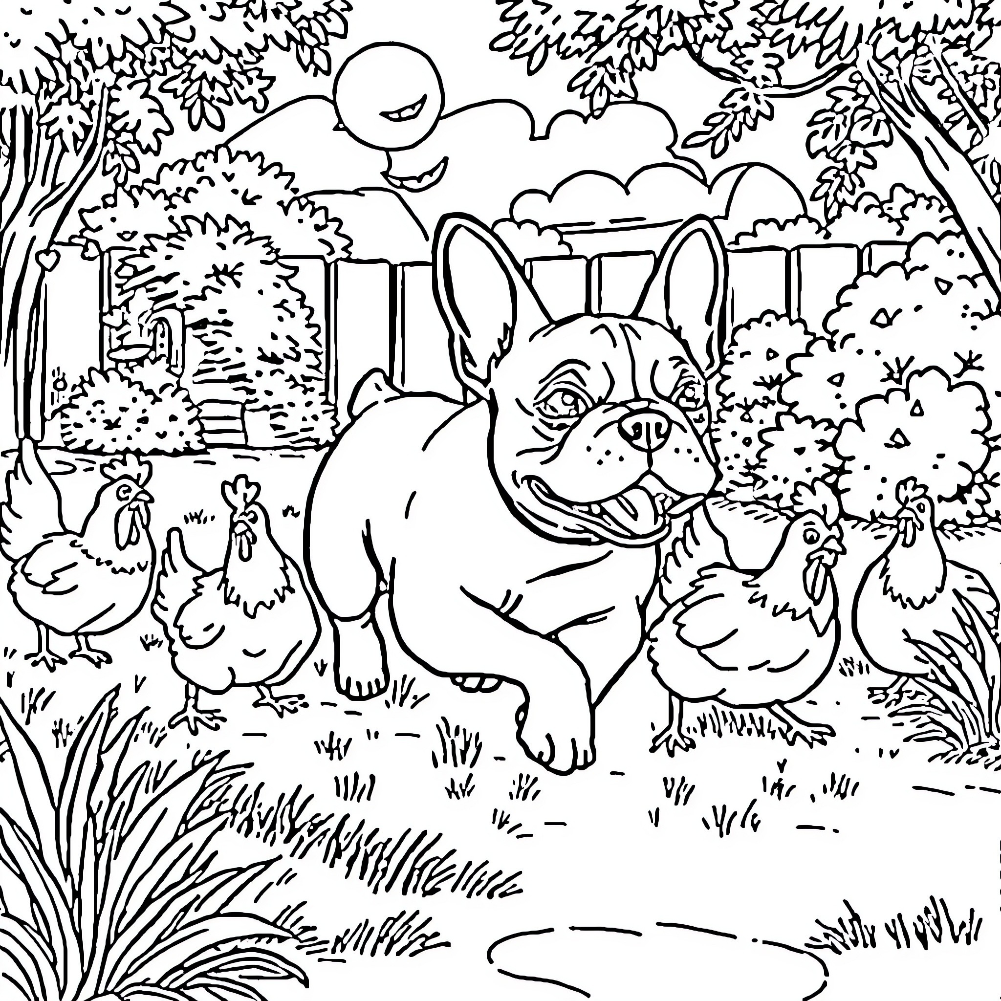 Bulldog playing with chicks in the garden Coloring Page (free black-and-white line drawing printable PDF for all, from beginners to advanced learners, including children, teens, adults, and seniors)