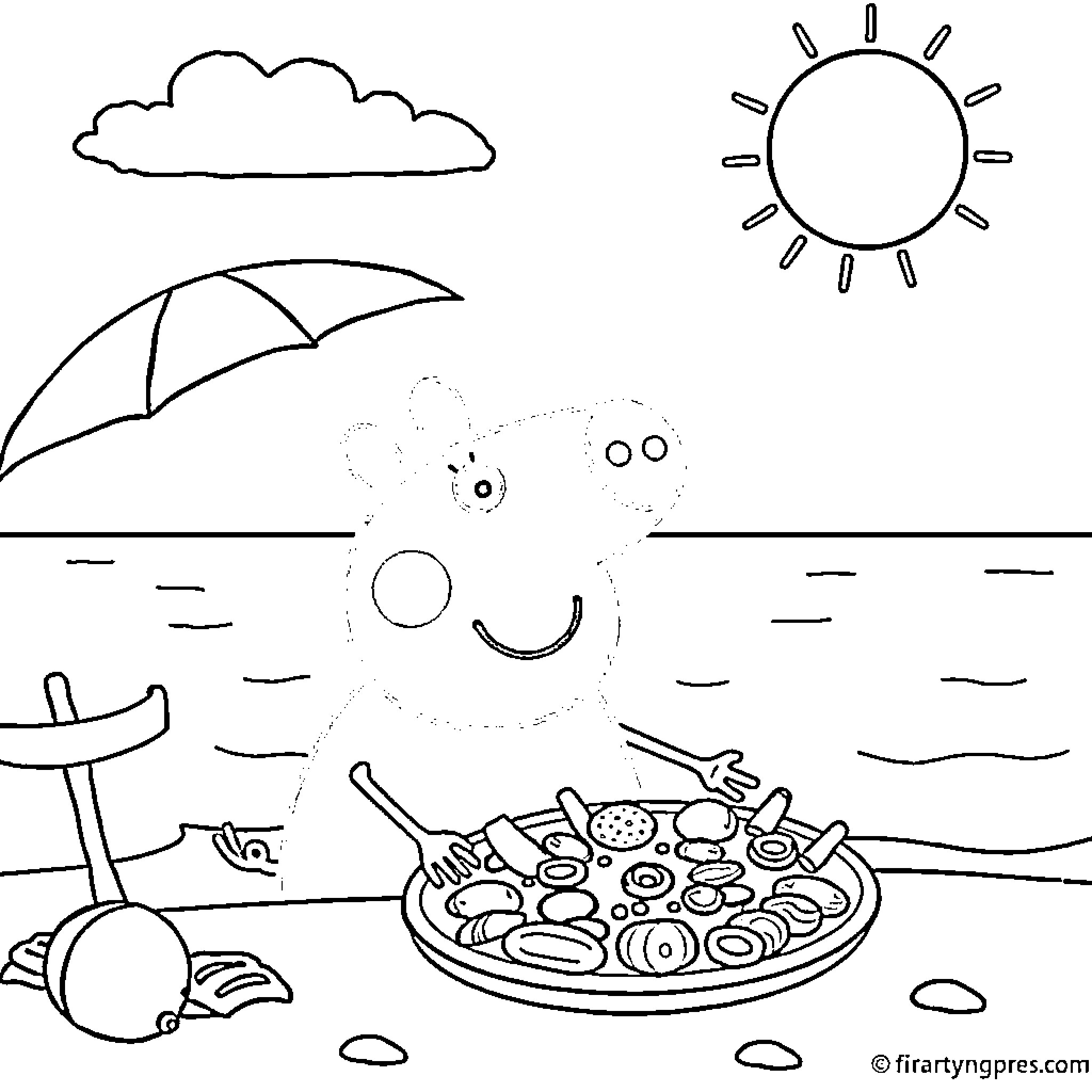 Peppa Pig enjoying a beach picnic Coloring Page (free black-and-white line drawing printable PDF for all, from beginners to advanced learners, including children, teens, adults, and seniors)