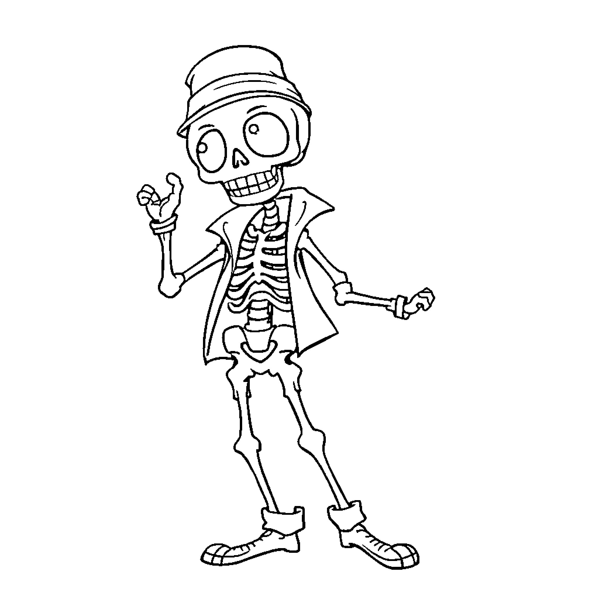 Skeleton in a hat waving excitedly Coloring Page (free black-and-white line drawing printable PDF for all, from beginners to advanced learners, including children, teens, adults, and seniors)