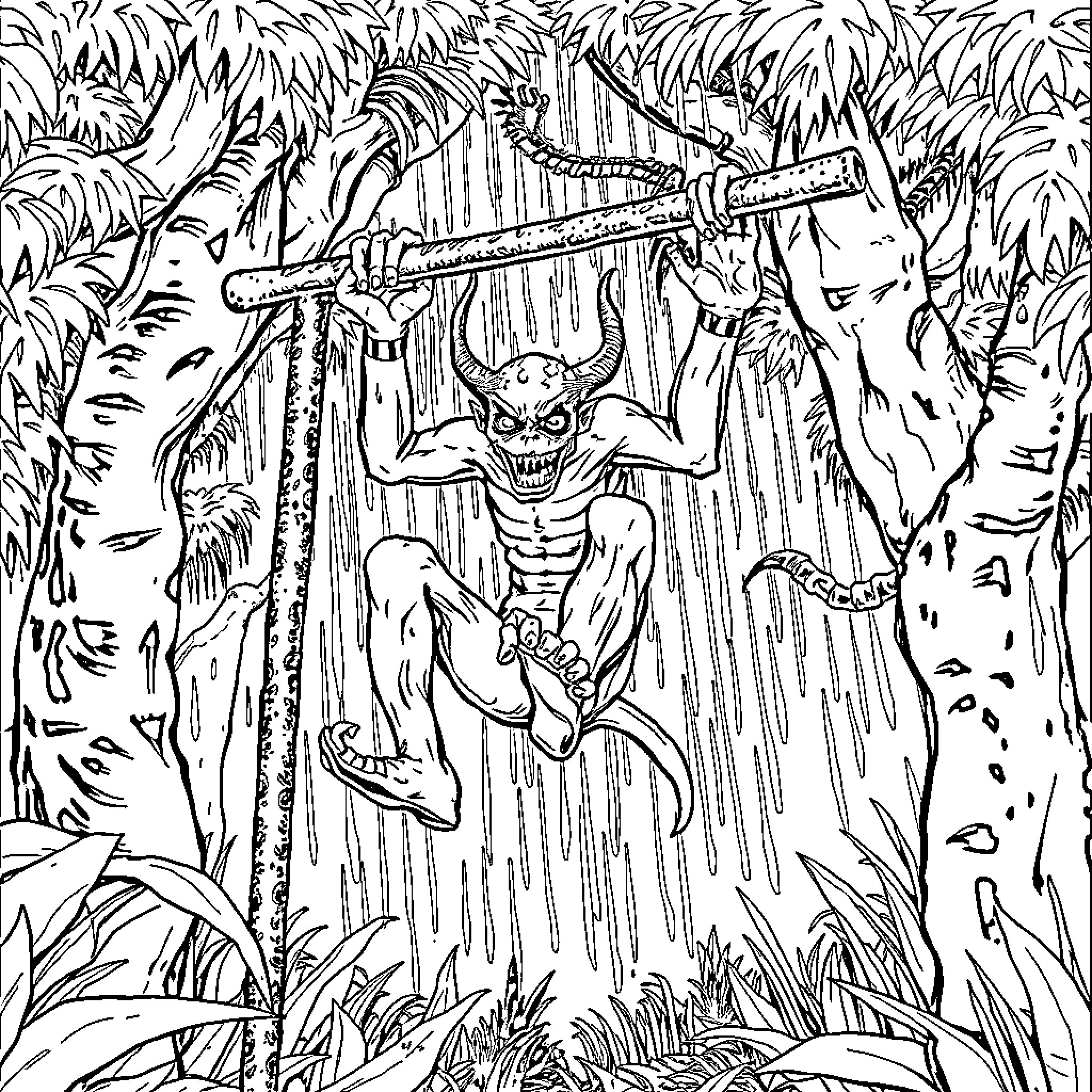 Demon swinging from vines in eerie jungle Coloring Page (free black-and-white line drawing printable PDF for all, from beginners to advanced learners, including children, teens, adults, and seniors)