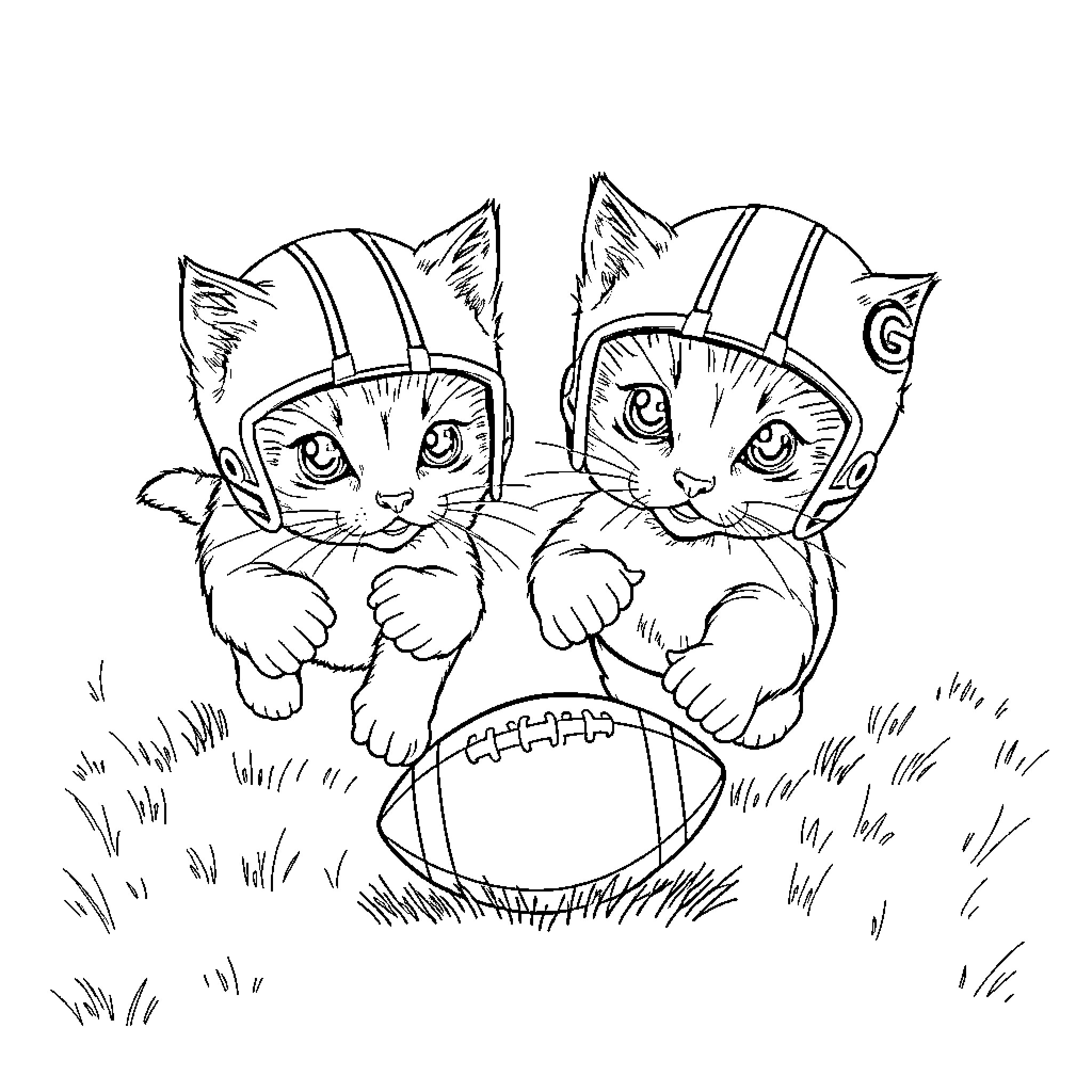 Kittens Playing in Football Helmets Coloring Page (free black-and-white line drawing printable PDF for all, from beginners to advanced learners, including children, teens, adults, and seniors)