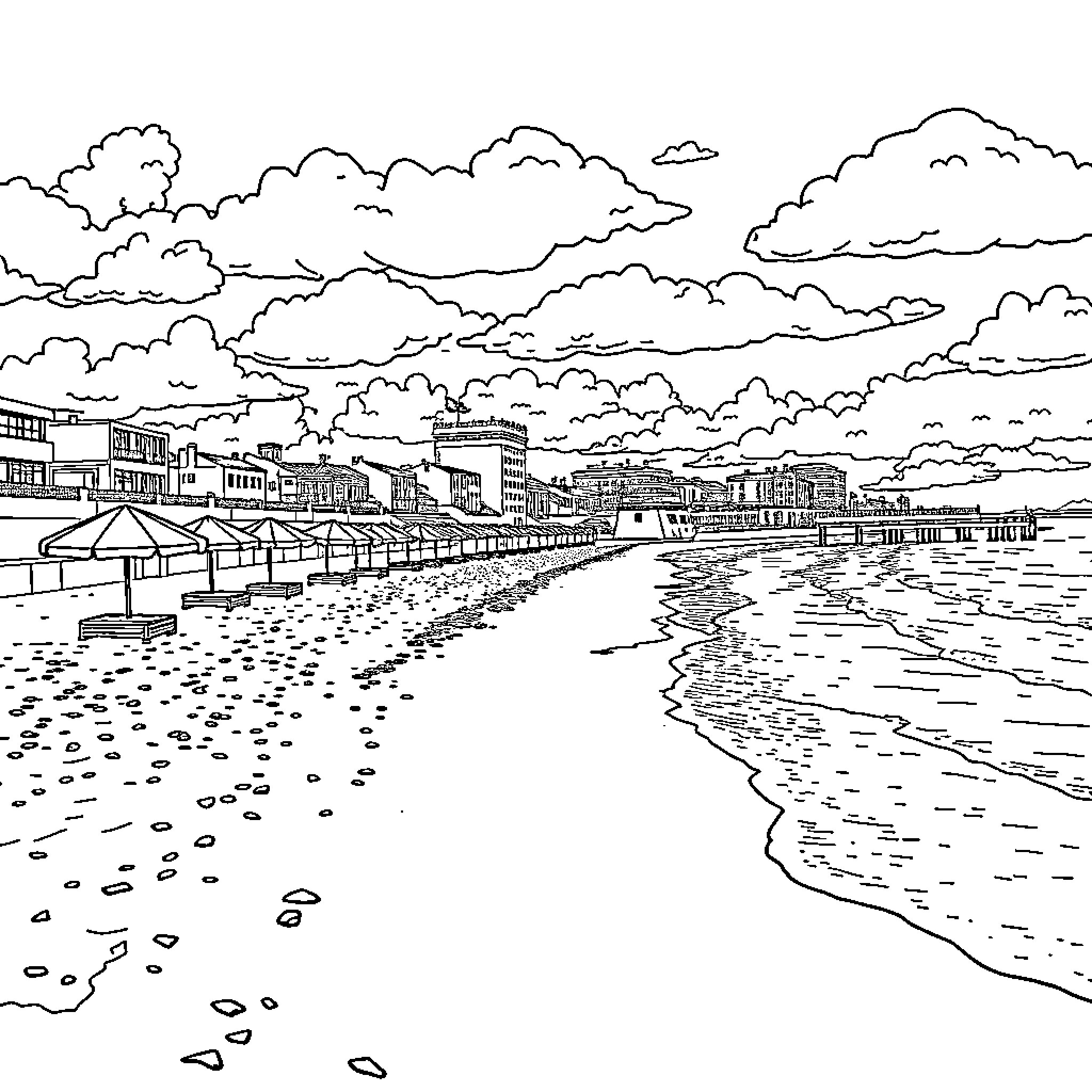 Beach scene with cloudy sky and buildings Coloring Page (free black-and-white line drawing printable PDF for all, from beginners to advanced learners, including children, teens, adults, and seniors)