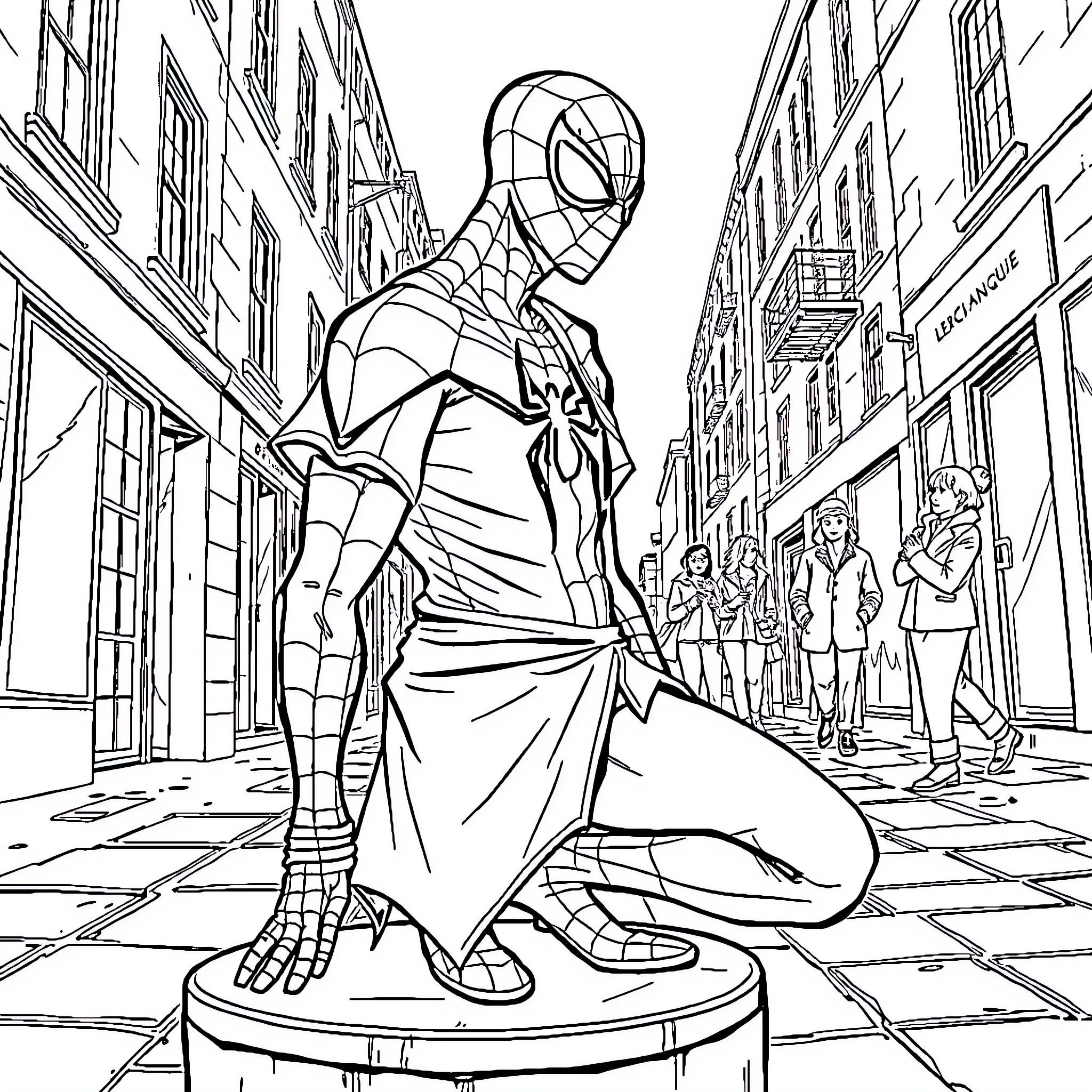 Spider-Man swinging in the city streets Coloring Page (free black-and-white line drawing printable PDF for all, from beginners to advanced learners, including children, teens, adults, and seniors)