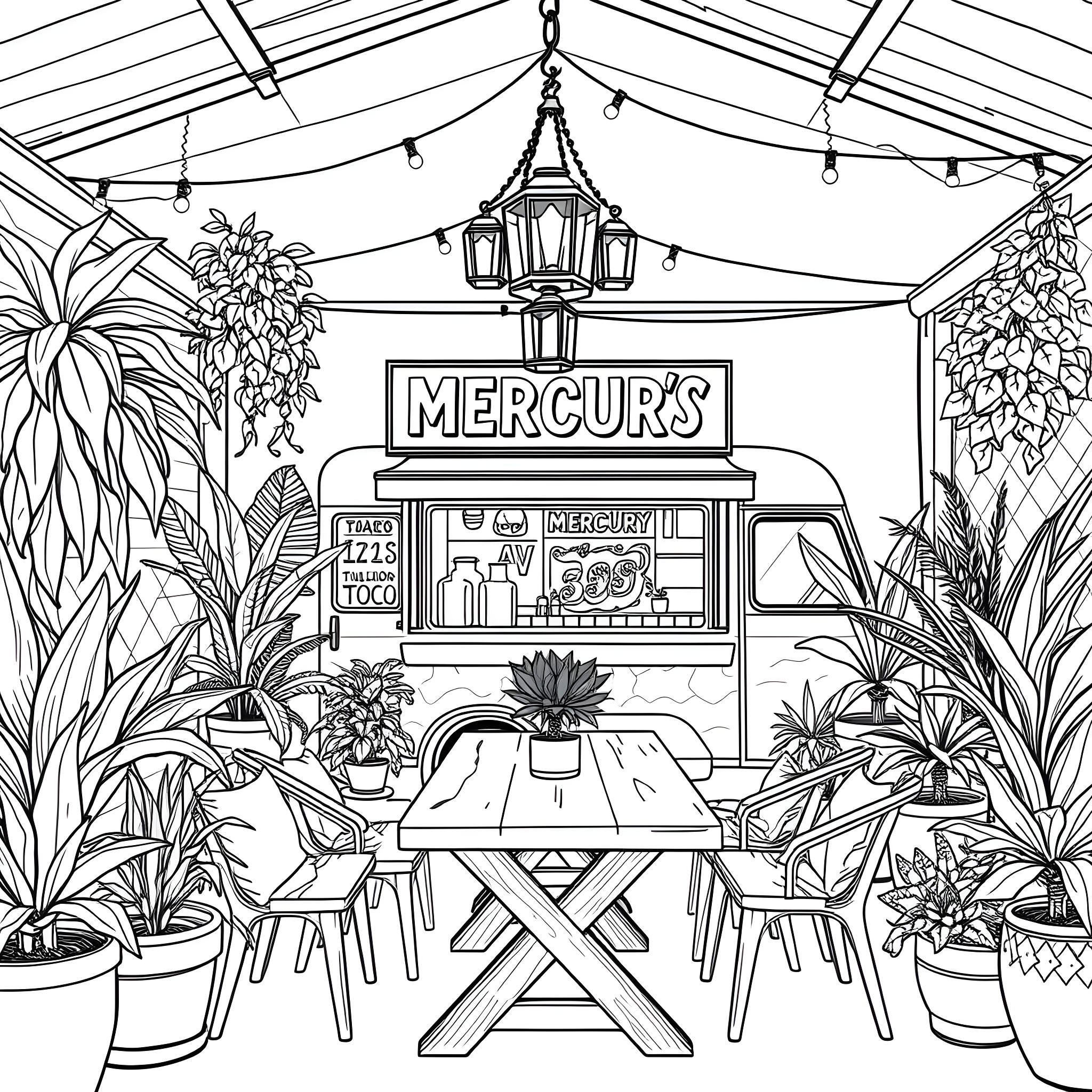 Taco Truck in a Tropical Outdoor Dining Space Coloring Page (free black-and-white line drawing printable PDF for all, from beginners to advanced learners, including children, teens, adults, and seniors)