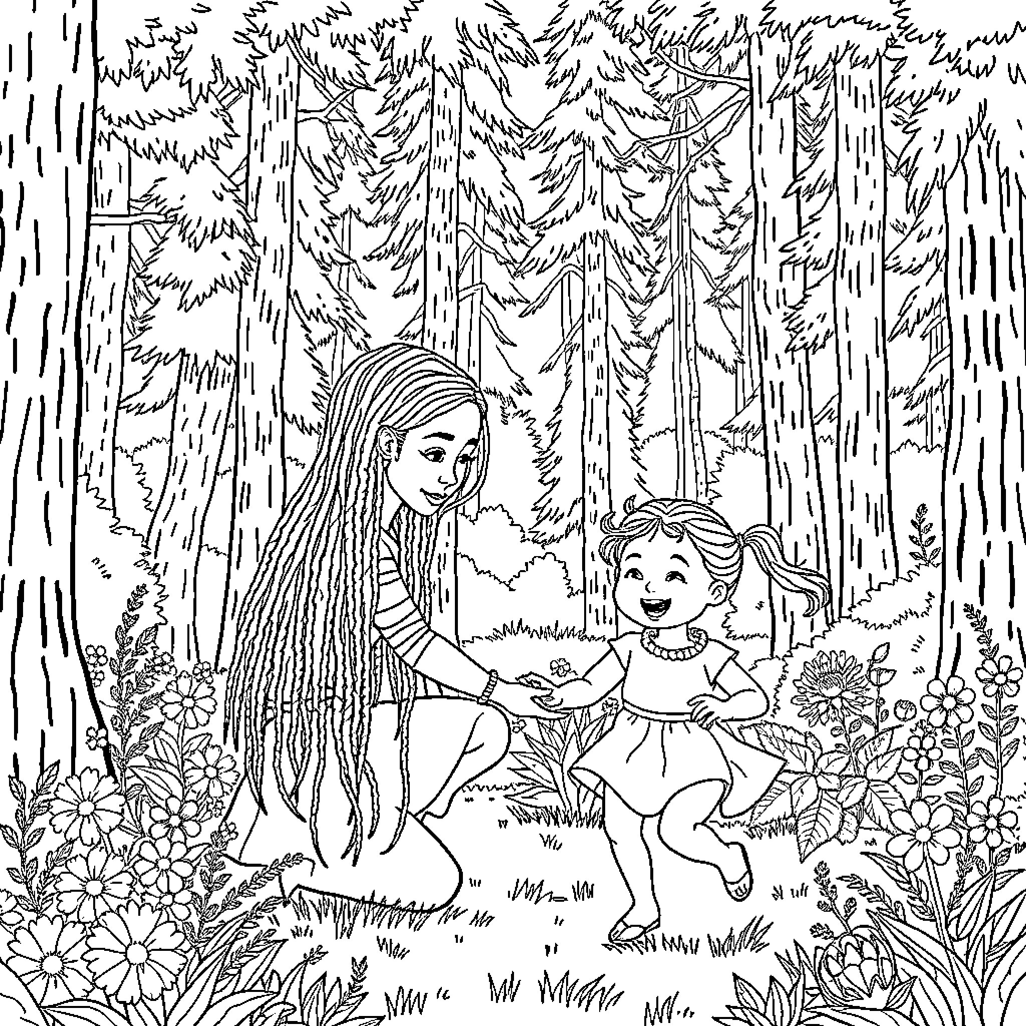 Woman playing joyfully with child in lush forest Coloring Page (free black-and-white line drawing printable PDF for all, from beginners to advanced learners, including children, teens, adults, and seniors)