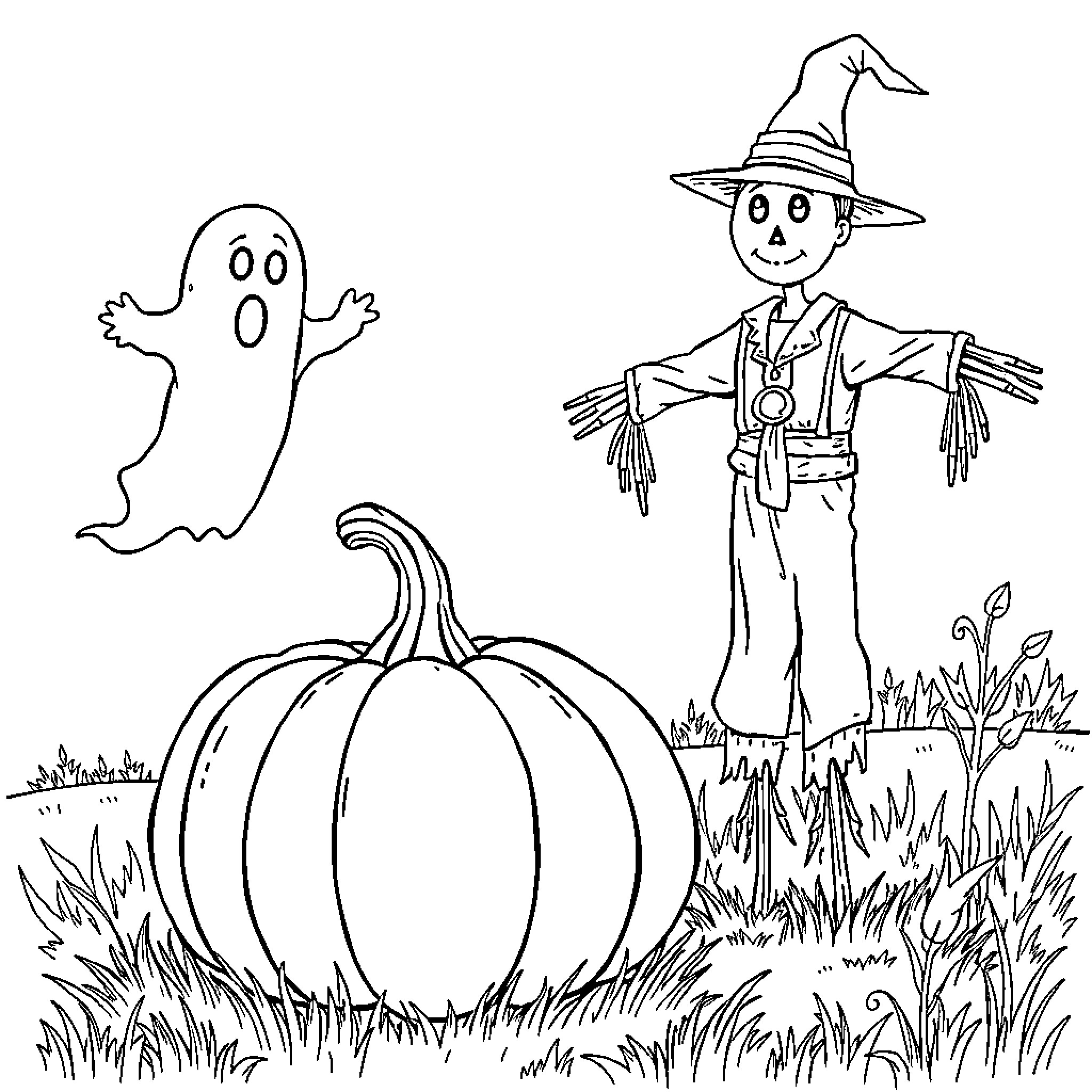 Pumpkin, Ghost, and Scarecrow in Autumn Scenery Coloring Page (free black-and-white line drawing printable PDF for all, from beginners to advanced learners, including children, teens, adults, and seniors)