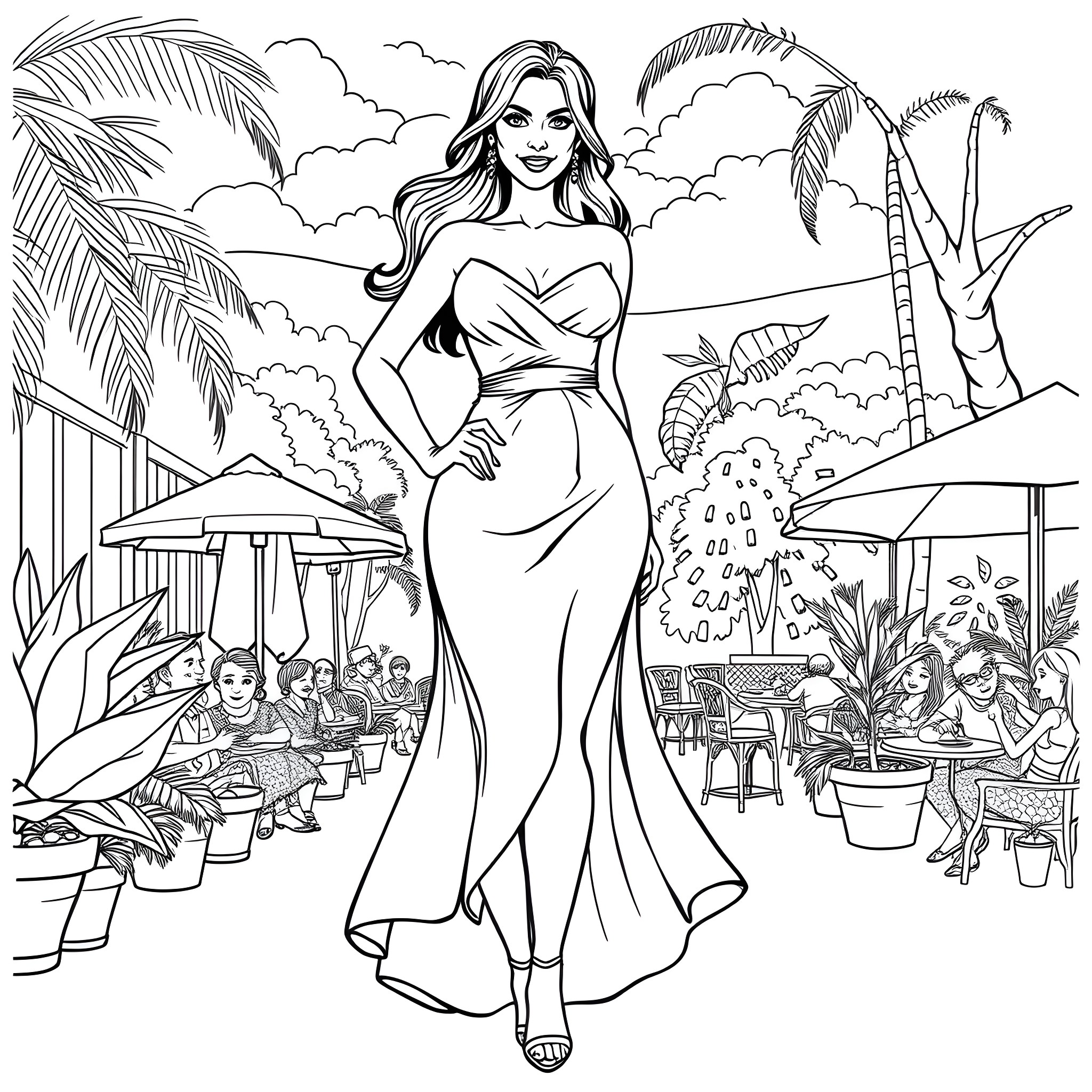 Woman in long dress walking through tropical outdoor cafe Coloring Page (free black-and-white line drawing printable PDF for all, from beginners to advanced learners, including children, teens, adults, and seniors)
