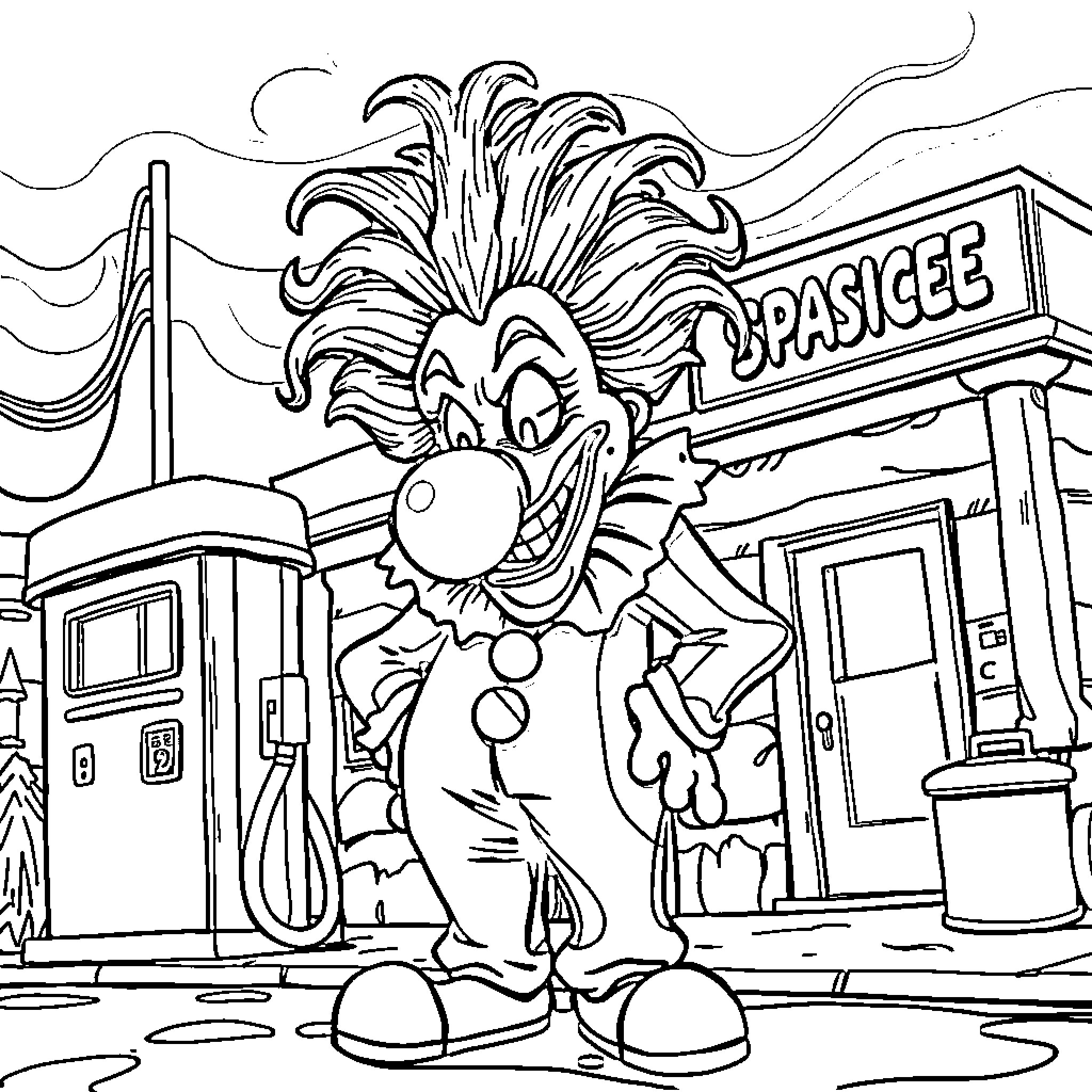Capt Spaulding at the Pasigee Carnival Attraction Coloring Page (free black-and-white line drawing printable PDF for all, from beginners to advanced learners, including children, teens, adults, and seniors)