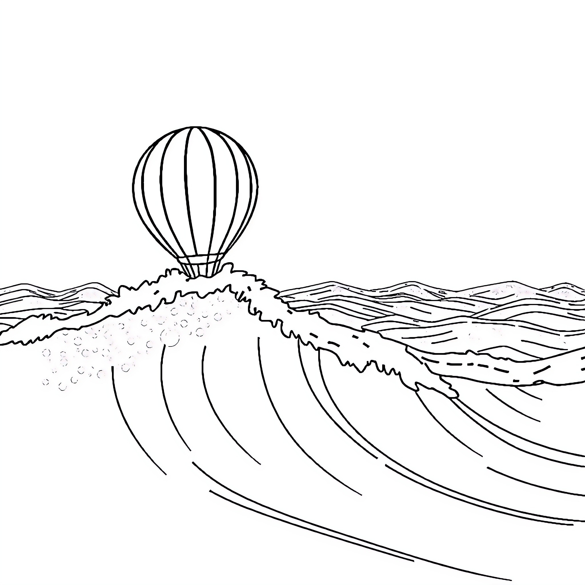 Hot Air Balloon Soaring Over Turbulent Waves Coloring Page (free black-and-white line drawing printable PDF for all, from beginners to advanced learners, including children, teens, adults, and seniors)