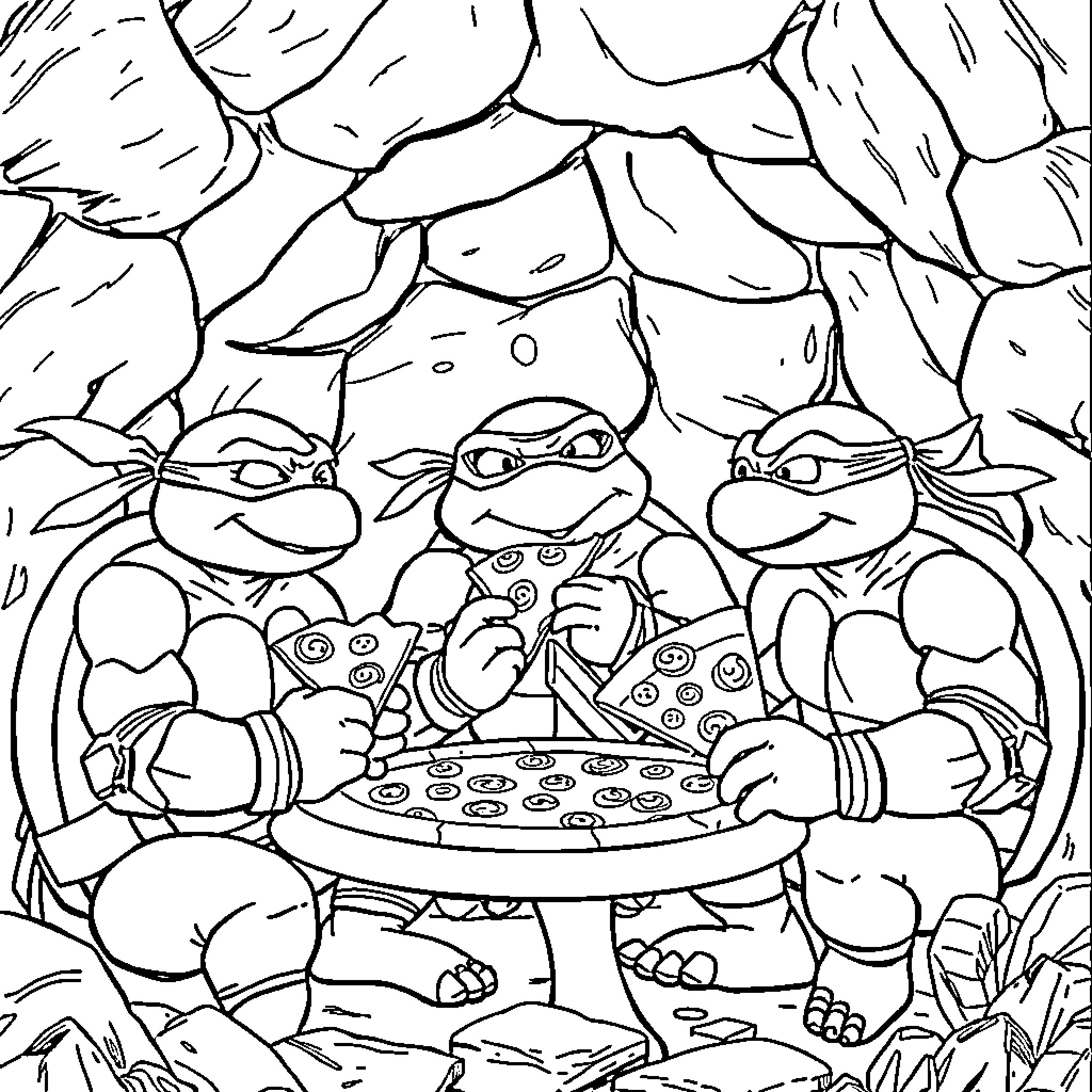 Teenage Mutant Ninja Turtles having a pizza party in the sewers Coloring Page (free black-and-white line drawing printable PDF for all, from beginners to advanced learners, including children, teens, adults, and seniors)