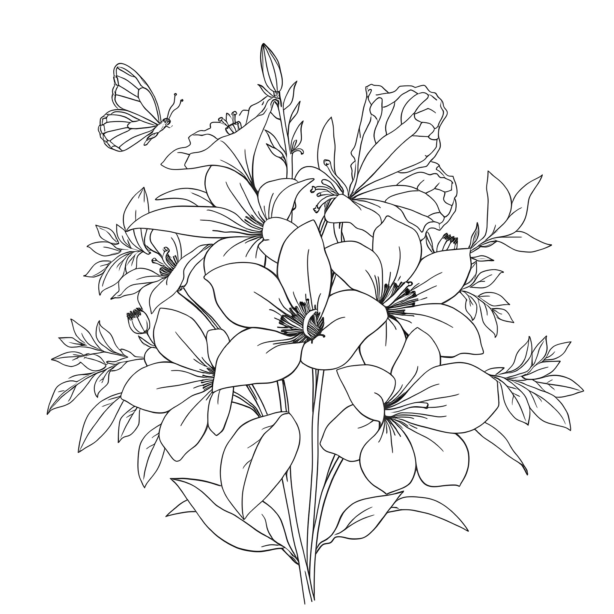 Flower bouquet with butterflies Coloring Page (free black-and-white line drawing printable PDF for all, from beginners to advanced learners, including children, teens, adults, and seniors)