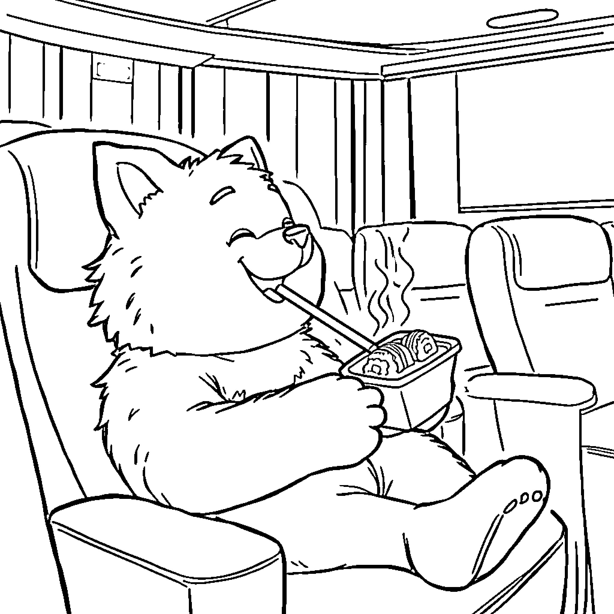 Rumi enjoying a snack in the comfort of their home Coloring Page (free black-and-white line drawing printable PDF for all, from beginners to advanced learners, including children, teens, adults, and seniors)