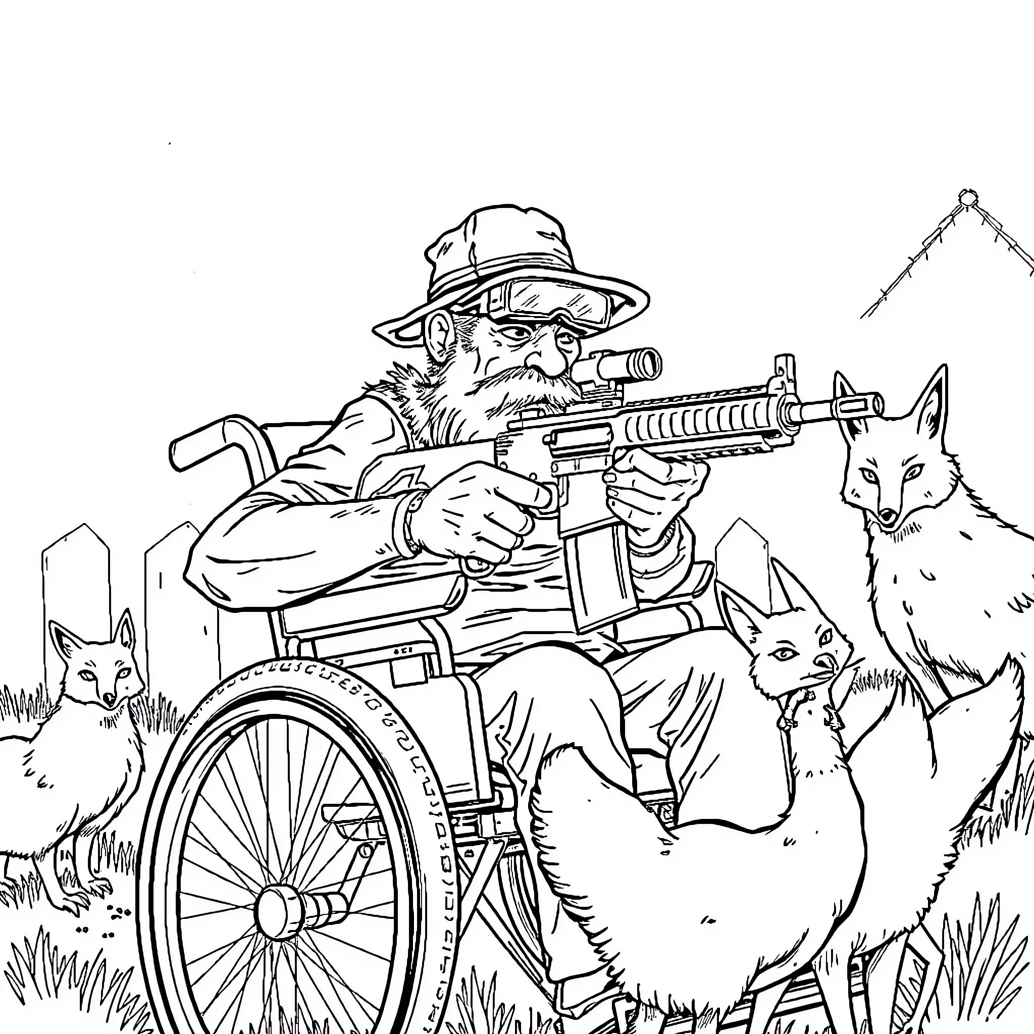Man with rifle and wheelchair exploring wilderness with wolves Coloring Page (free black-and-white line drawing printable PDF for all, from beginners to advanced learners, including children, teens, adults, and seniors)