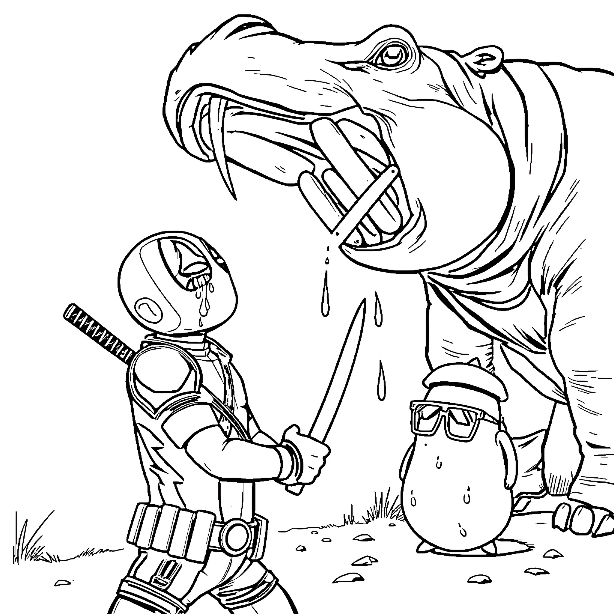Deadpool confronting a fearsome giant frog creature Coloring Page (free black-and-white line drawing printable PDF for all, from beginners to advanced learners, including children, teens, adults, and seniors)