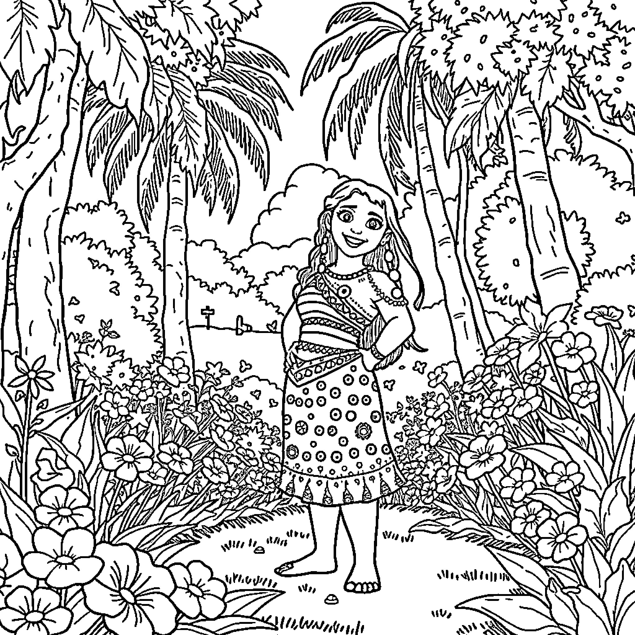 Moana exploring the tropical forest Coloring Page (free black-and-white line drawing printable PDF for all, from beginners to advanced learners, including children, teens, adults, and seniors)