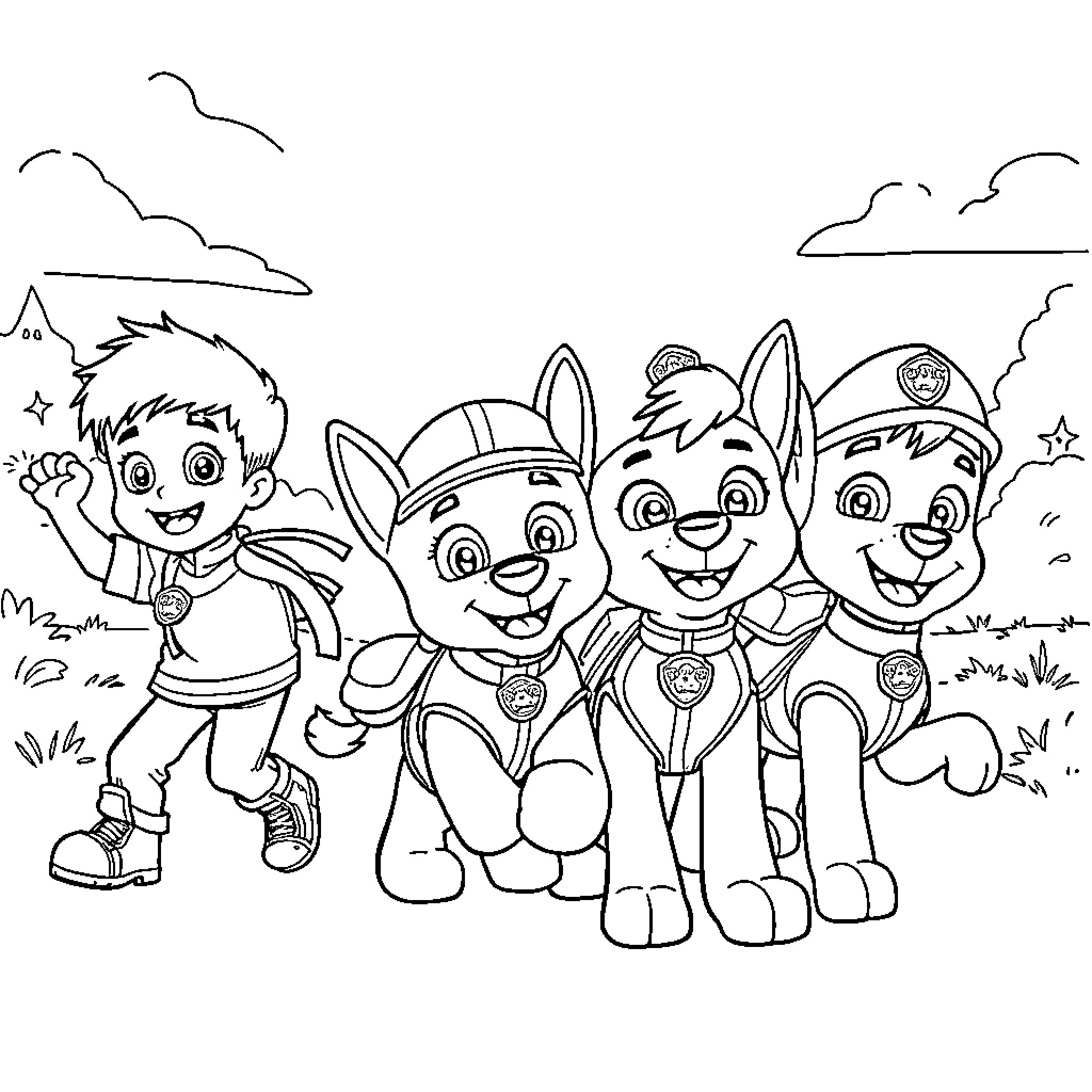 Paw Patrol characters on an adventure Coloring Page (free black-and-white line drawing printable PDF for all, from beginners to advanced learners, including children, teens, adults, and seniors)