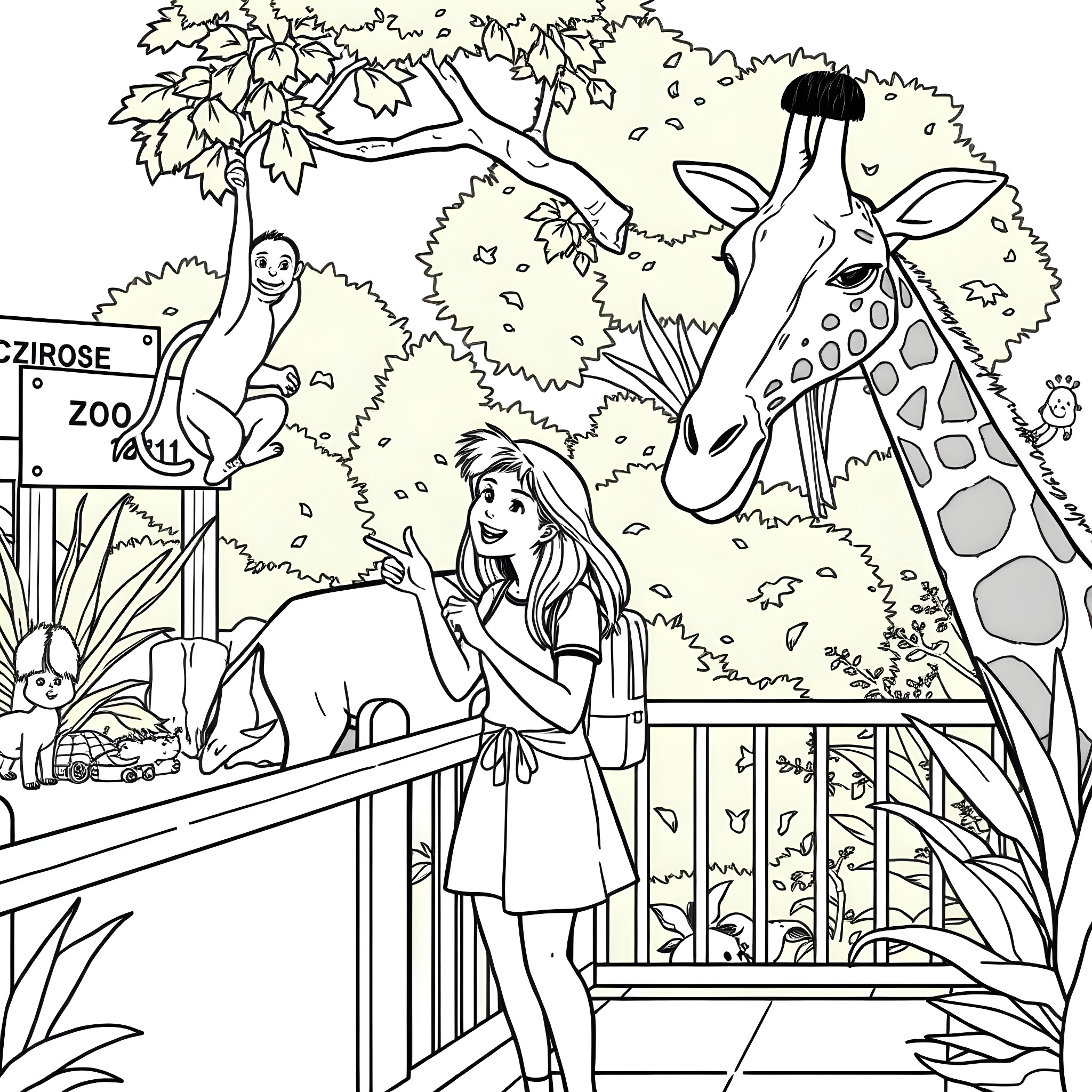 Zoo with animals and visitors in natural setting Coloring Page (free black-and-white line drawing printable PDF for all, from beginners to advanced learners, including children, teens, adults, and seniors)