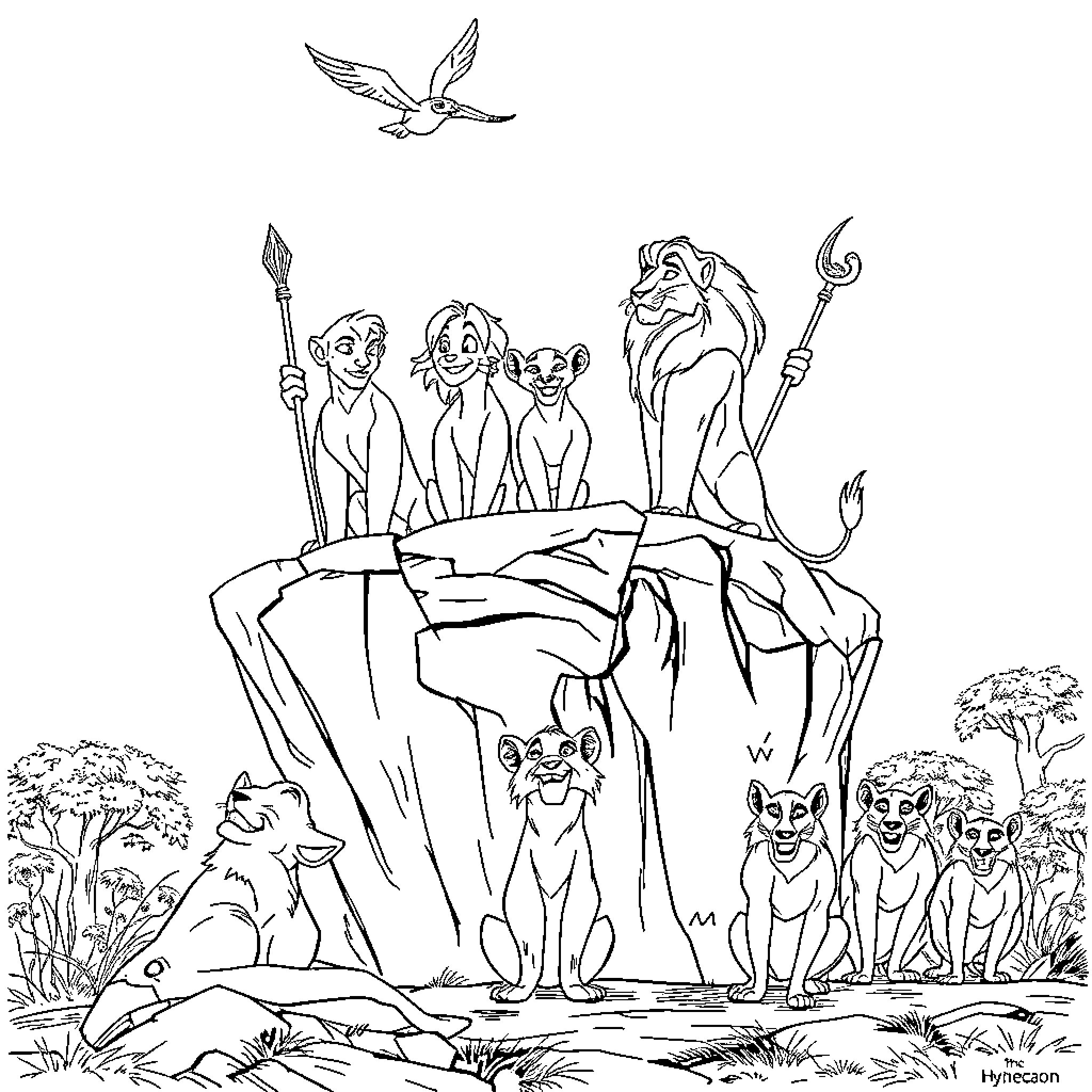 Lion leads a group of meerkat friends on an adventure Coloring Page (free black-and-white line drawing printable PDF for all, from beginners to advanced learners, including children, teens, adults, and seniors)
