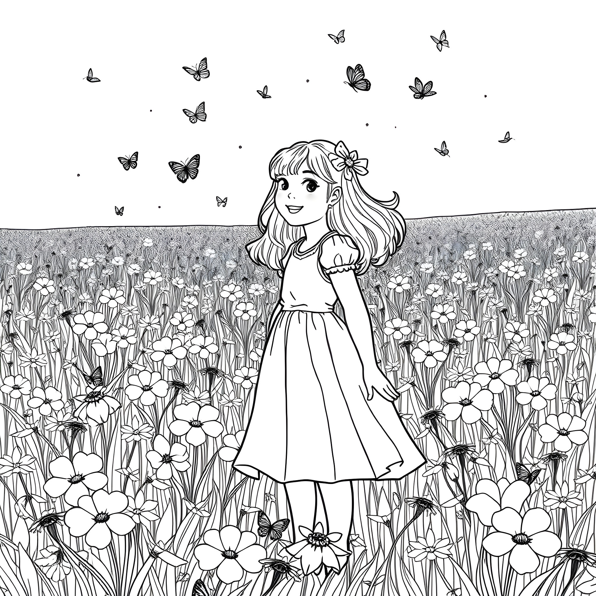 Girl exploring a flower-filled meadow with butterflies Coloring Page (free black-and-white line drawing printable PDF for all, from beginners to advanced learners, including children, teens, adults, and seniors)