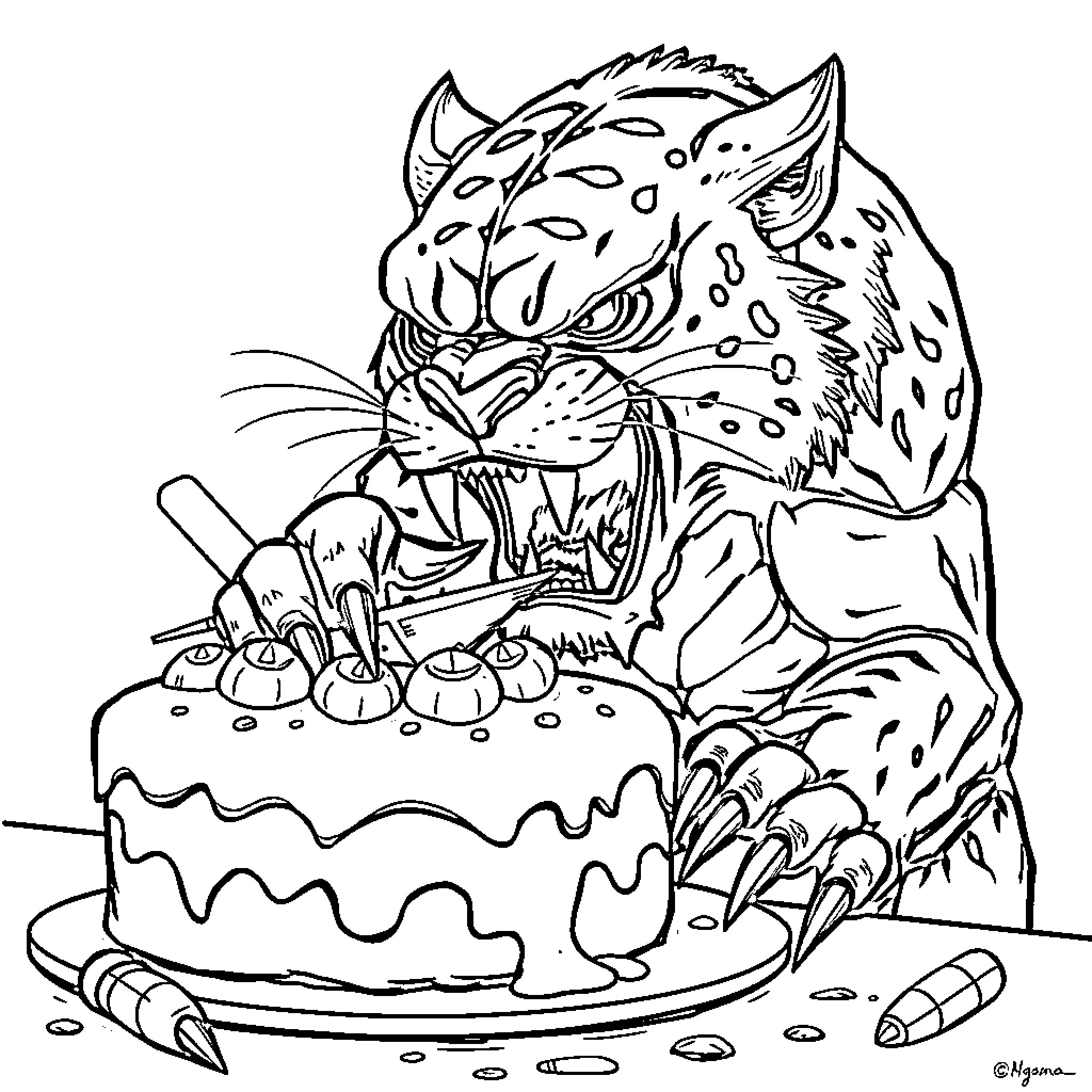 Predator Prowling Around a Birthday Cake Coloring Page (free black-and-white line drawing printable PDF for all, from beginners to advanced learners, including children, teens, adults, and seniors)