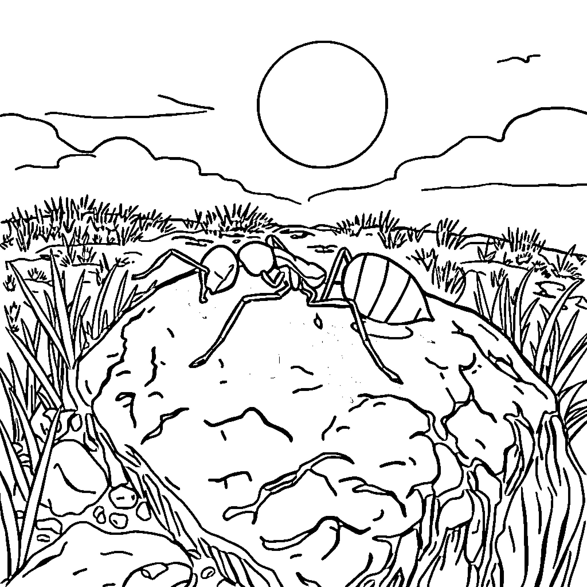 Ant exploring the wild countryside Coloring Page (free black-and-white line drawing printable PDF for all, from beginners to advanced learners, including children, teens, adults, and seniors)