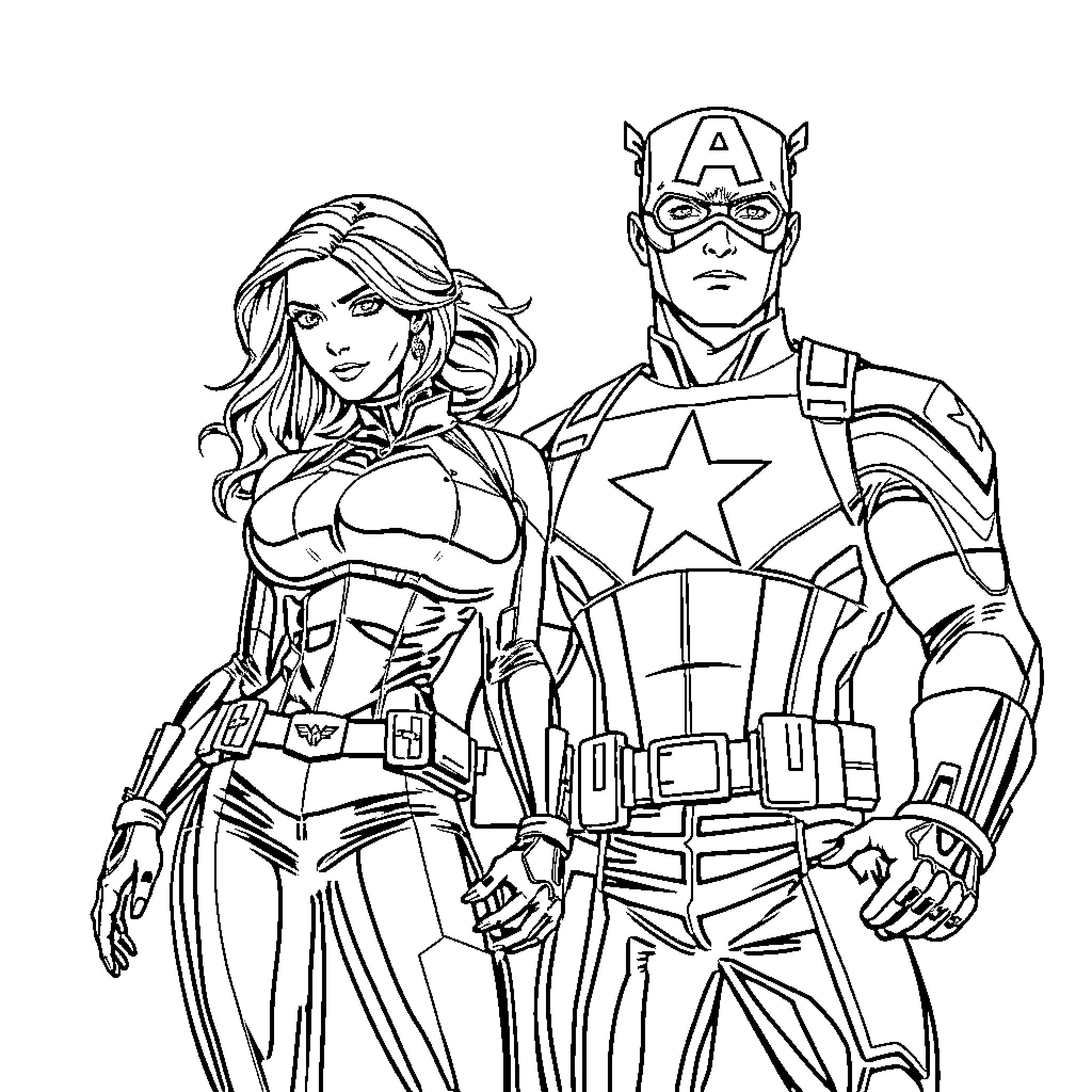 Black Widow and Captain America in action poses Coloring Page (free black-and-white line drawing printable PDF for all, from beginners to advanced learners, including children, teens, adults, and seniors)