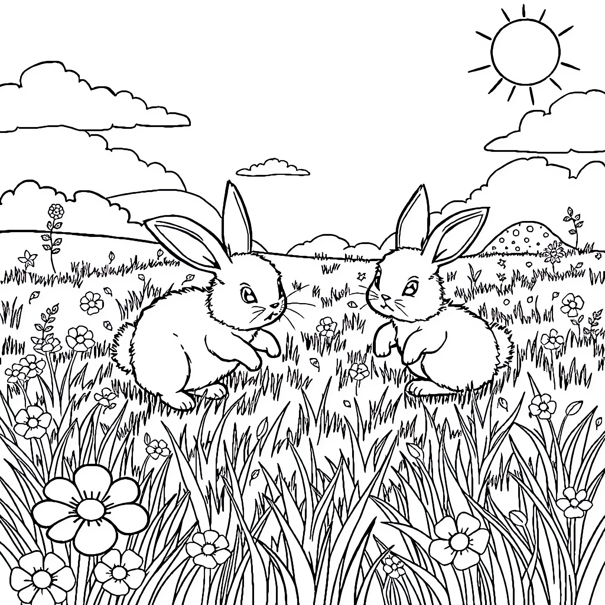 Bunny friends frolicking in a lush meadow Coloring Page (free black-and-white line drawing printable PDF for all, from beginners to advanced learners, including children, teens, adults, and seniors)