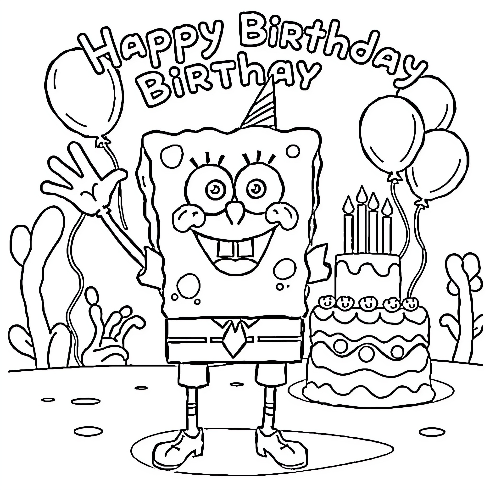 Spongebob celebrates a happy birthday party Coloring Page (free black-and-white line drawing printable PDF for all, from beginners to advanced learners, including children, teens, adults, and seniors)