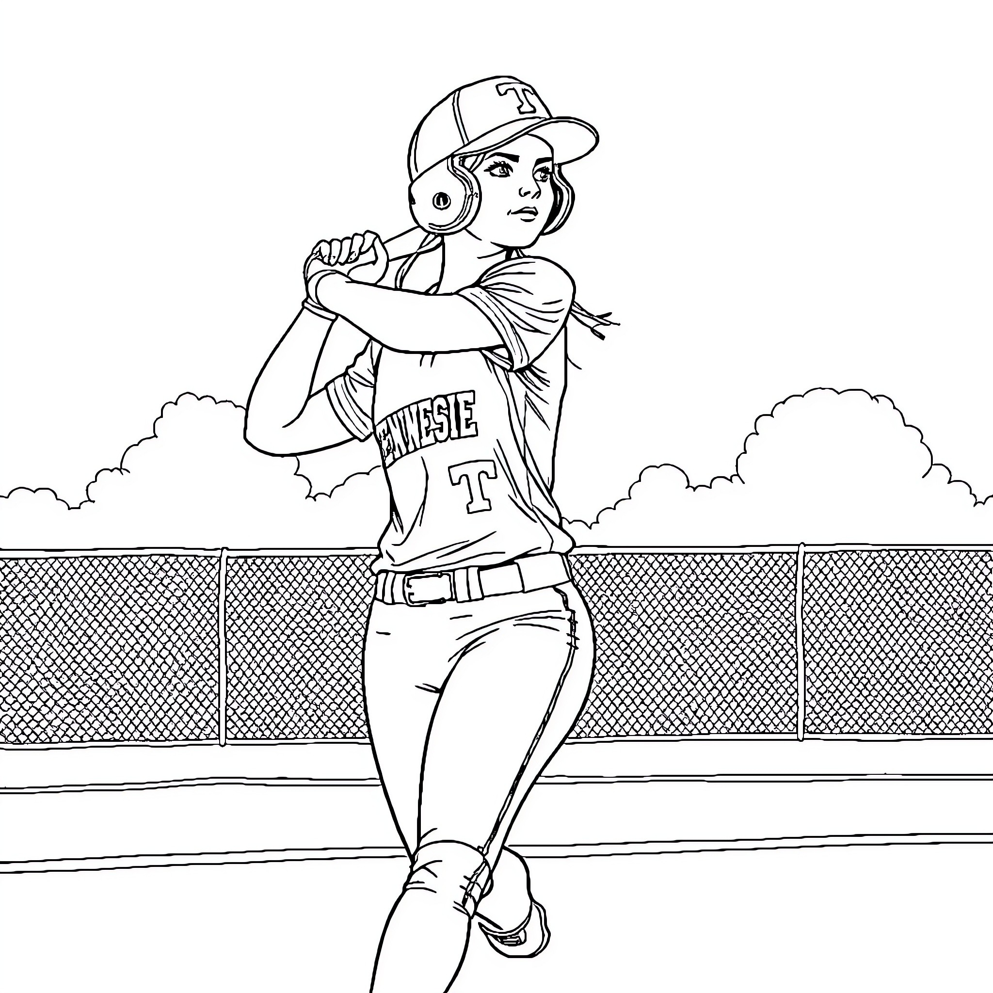 Softball Player Batting on the Field Coloring Page (free black-and-white line drawing printable PDF for all, from beginners to advanced learners, including children, teens, adults, and seniors)