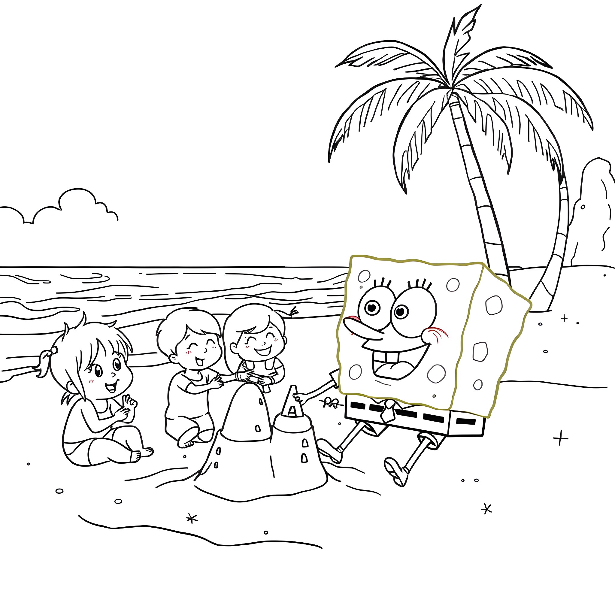 Spongebob and friends enjoying a day at the beach Coloring Page (free black-and-white line drawing printable PDF for all, from beginners to advanced learners, including children, teens, adults, and seniors)