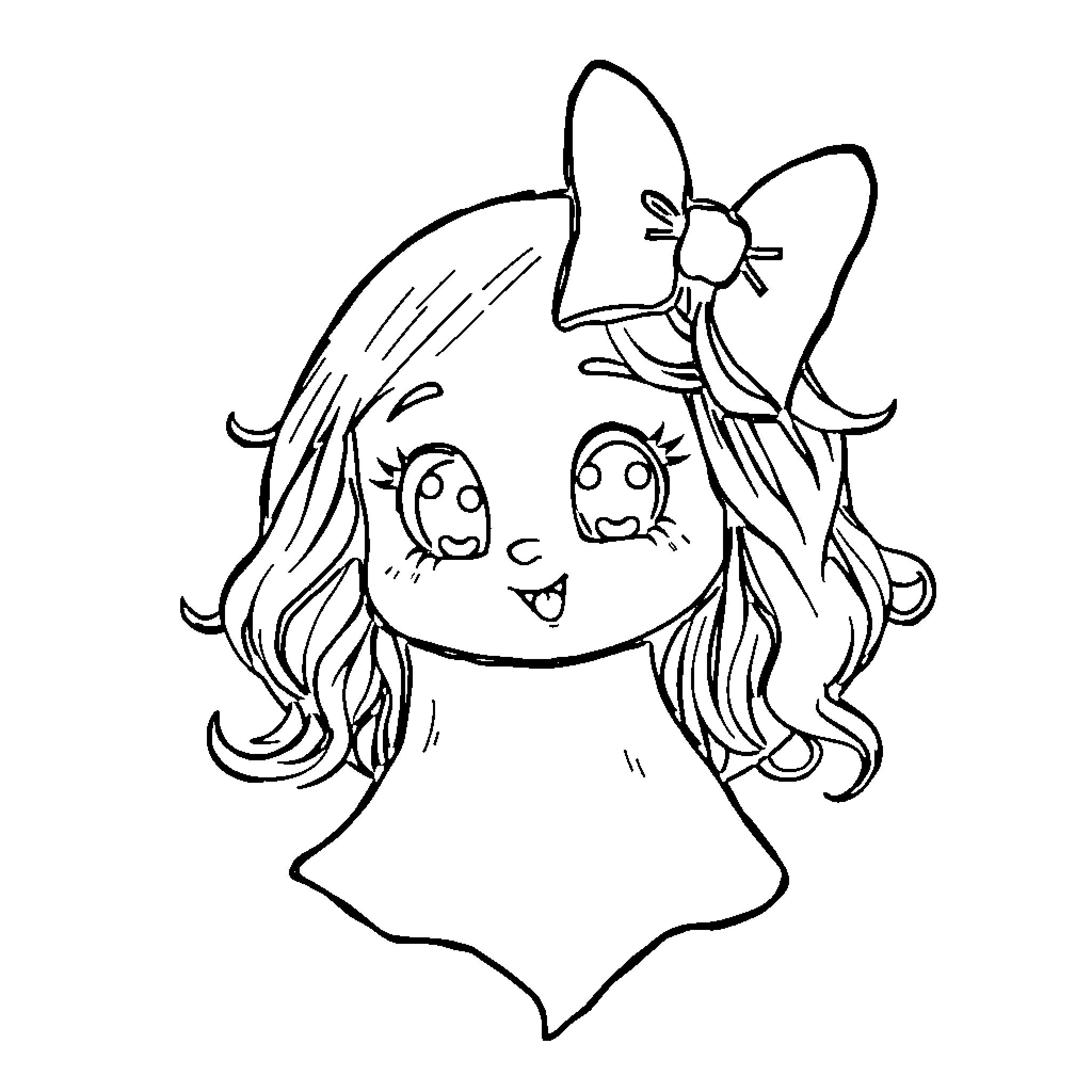 Ghost Girl with Bows and Pigtails Coloring Page (free black-and-white line drawing printable PDF for all, from beginners to advanced learners, including children, teens, adults, and seniors)