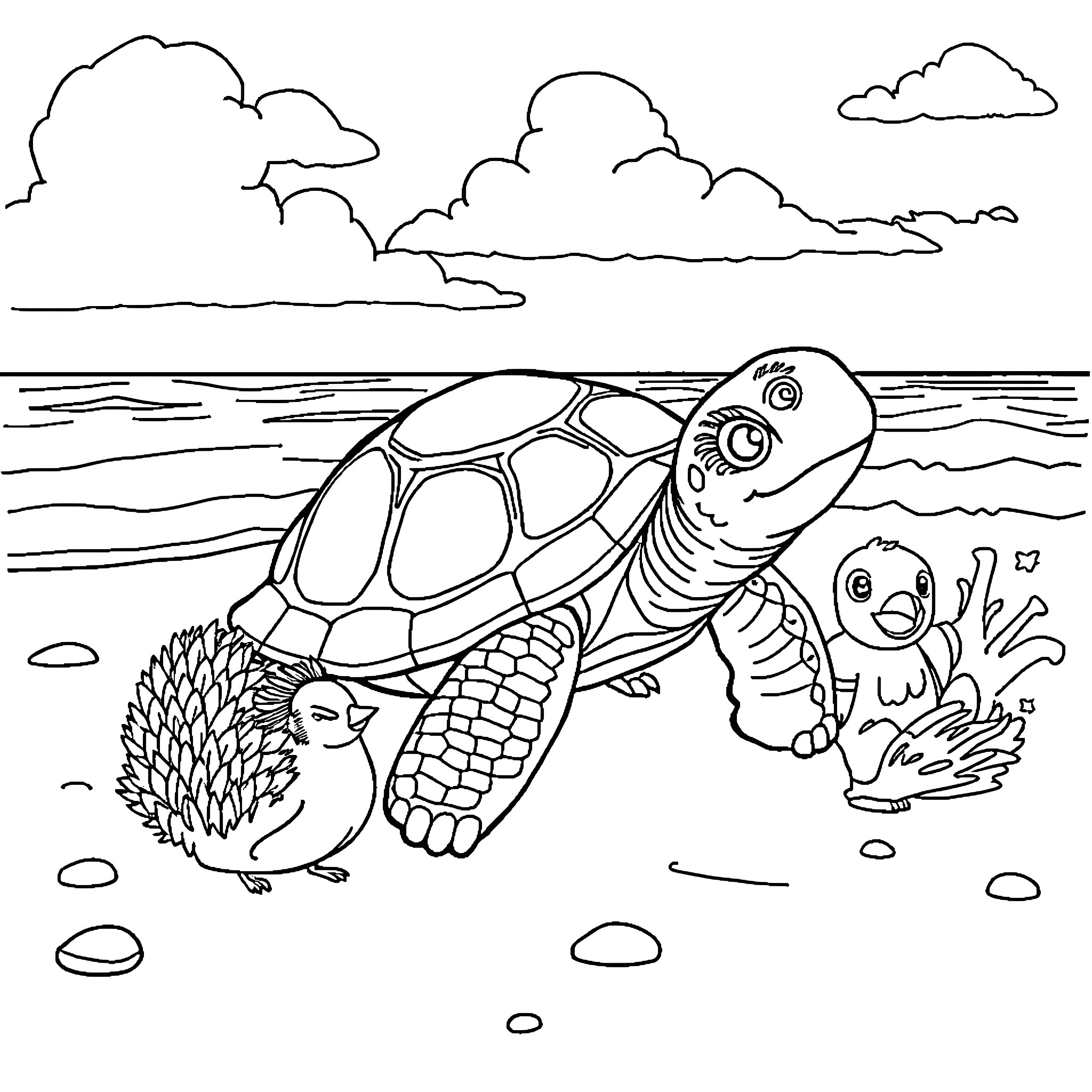 Turtle's Underwater Adventure with Friends Coloring Page (free black-and-white line drawing printable PDF for all, from beginners to advanced learners, including children, teens, adults, and seniors)